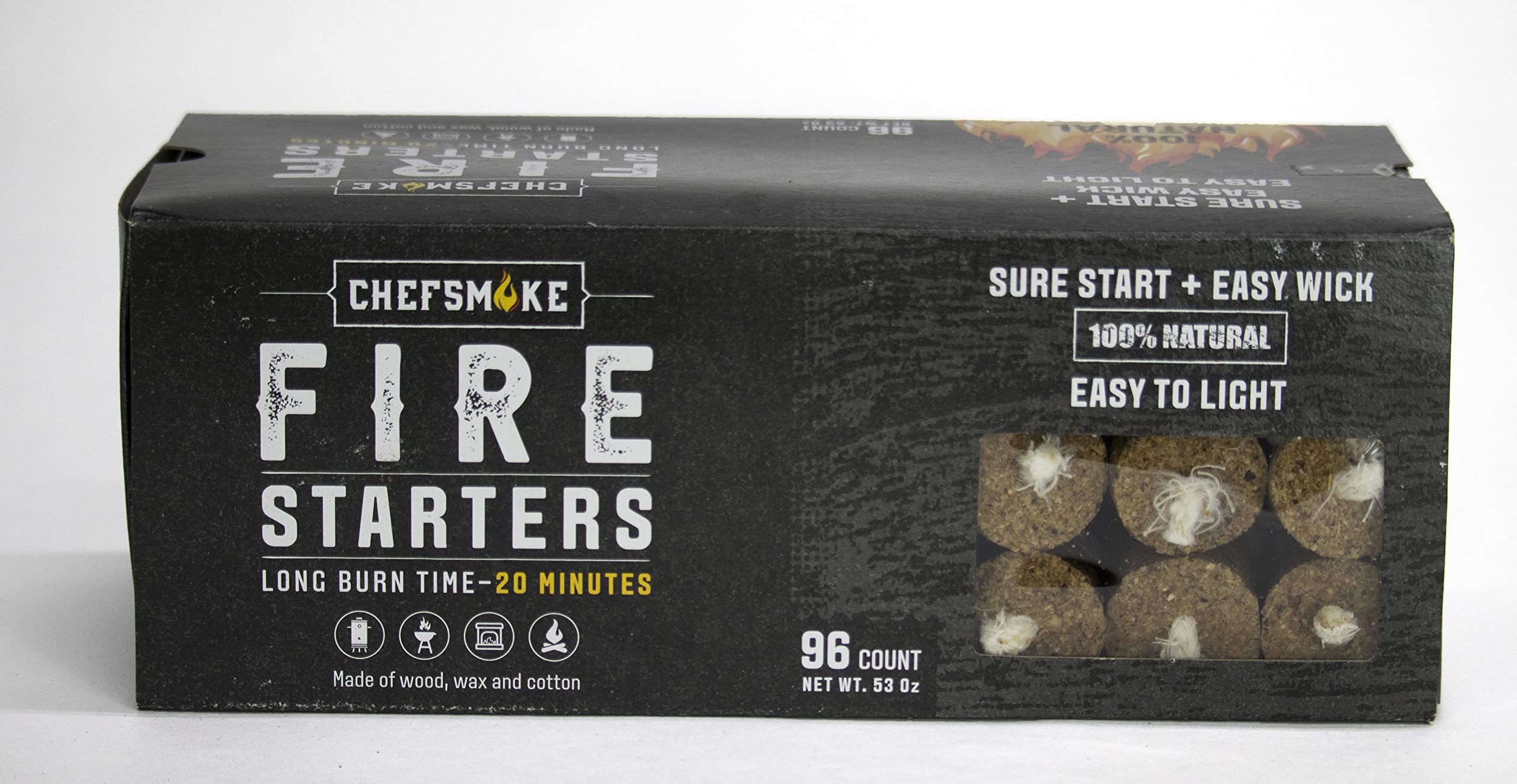 ChefSmoke Firestarters- All-Natural Fire Starters for Fire Pit, Easy Lighting Wick Charcoal Grill Lighter Fire Starter Cubes, 20 Minutes Burn Time, 96-Pack (96)