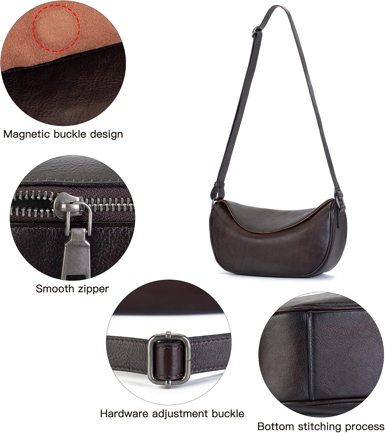 Leather Crossbody Bag Purse for Women Men Crescent Shoulder Bag Medium Cross Body Dumpling Bag Half Moon Adjustable - Image 6