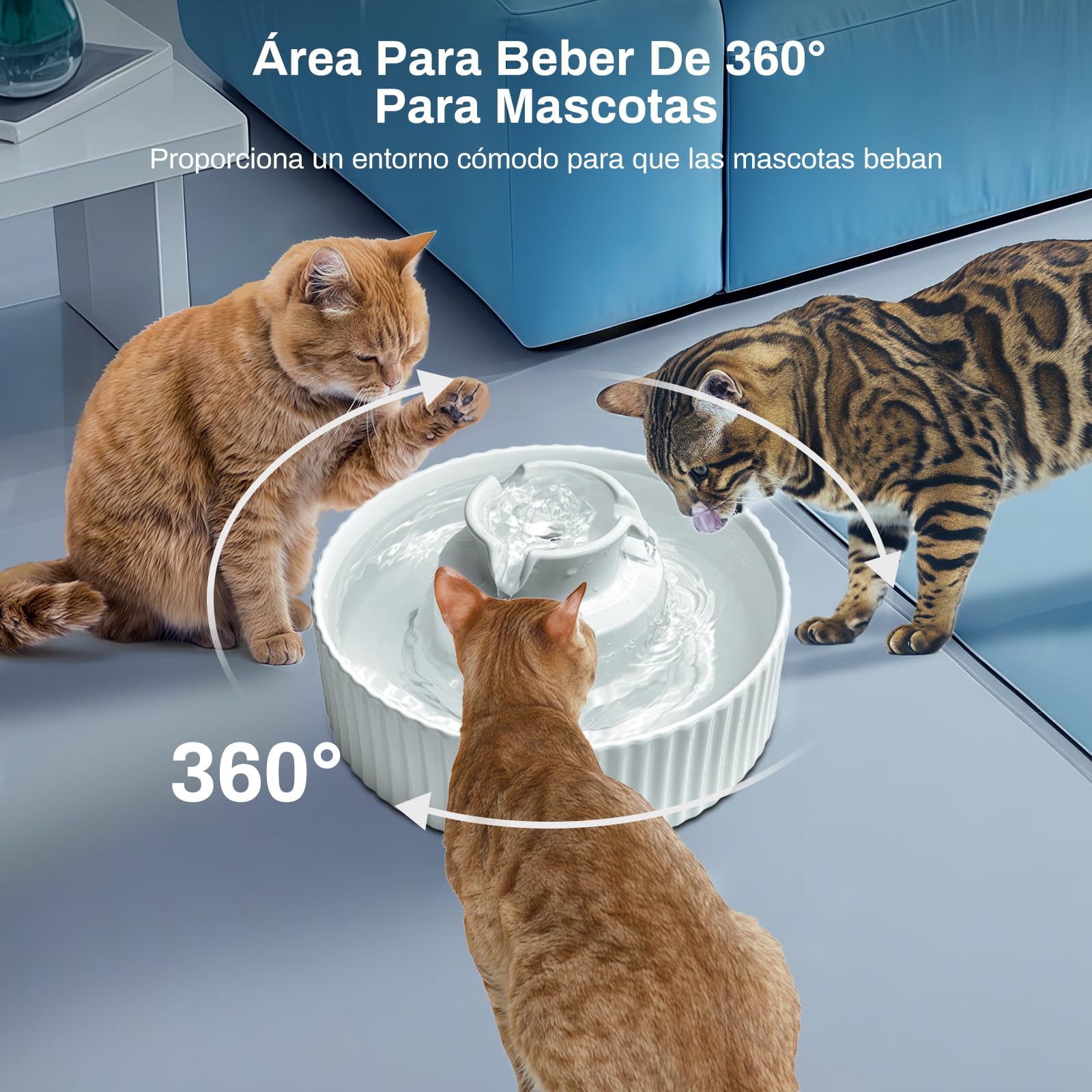 Fuente para gatos de cerámica, 360, 2,1 L, fuente de agua para gatos, cerámica, cuenco para gatos y perros, con filtro de repuesto y bomba inteligente de espuma, color blanco, 2 filtros, 2 bombas