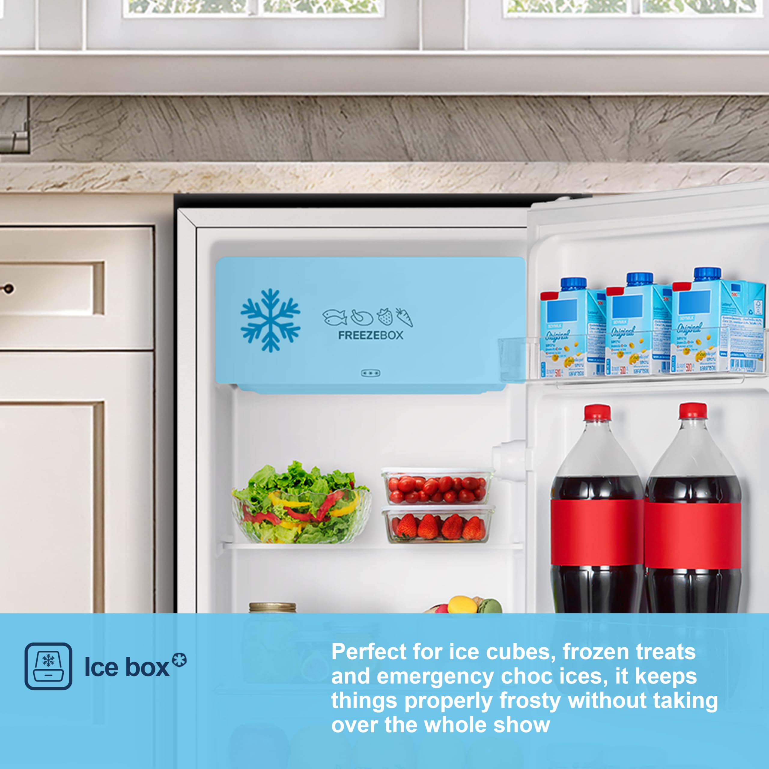 Fridgemaster MUR4894E 82L Under Counter Fridge with LED Lighting, Adjustable Temperature Control, Reversible Door and 3 star Ice Box, White, E rated — view 10
