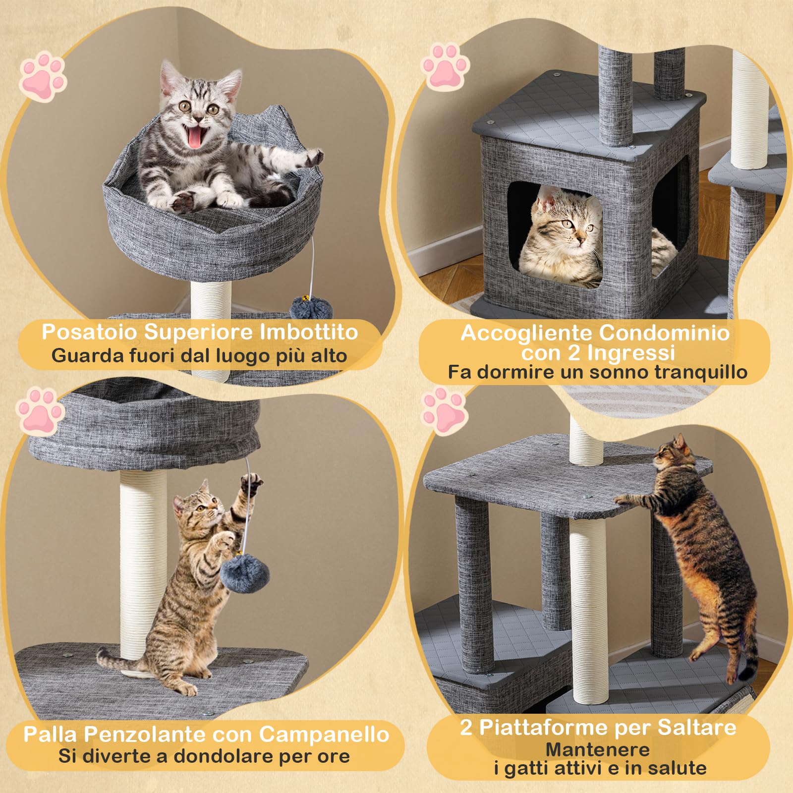 COSTWAY Tiragraffi per Gatto Alto 117 cm, Albero Tiragraffi Gatto con 5 Piattaforme, 2 Pali Sisal e Pallina Pompon, Torre Tiragraffi per Gatti con Grotta e Trespolo, Grigio