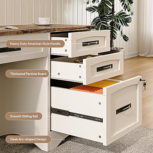 Miniatura 4 de Escritorio ejecutivo de granja con cajones, escritorios de oficina en casa de 55 pulgadas con estación de carga rápida, archivador con cerradura,