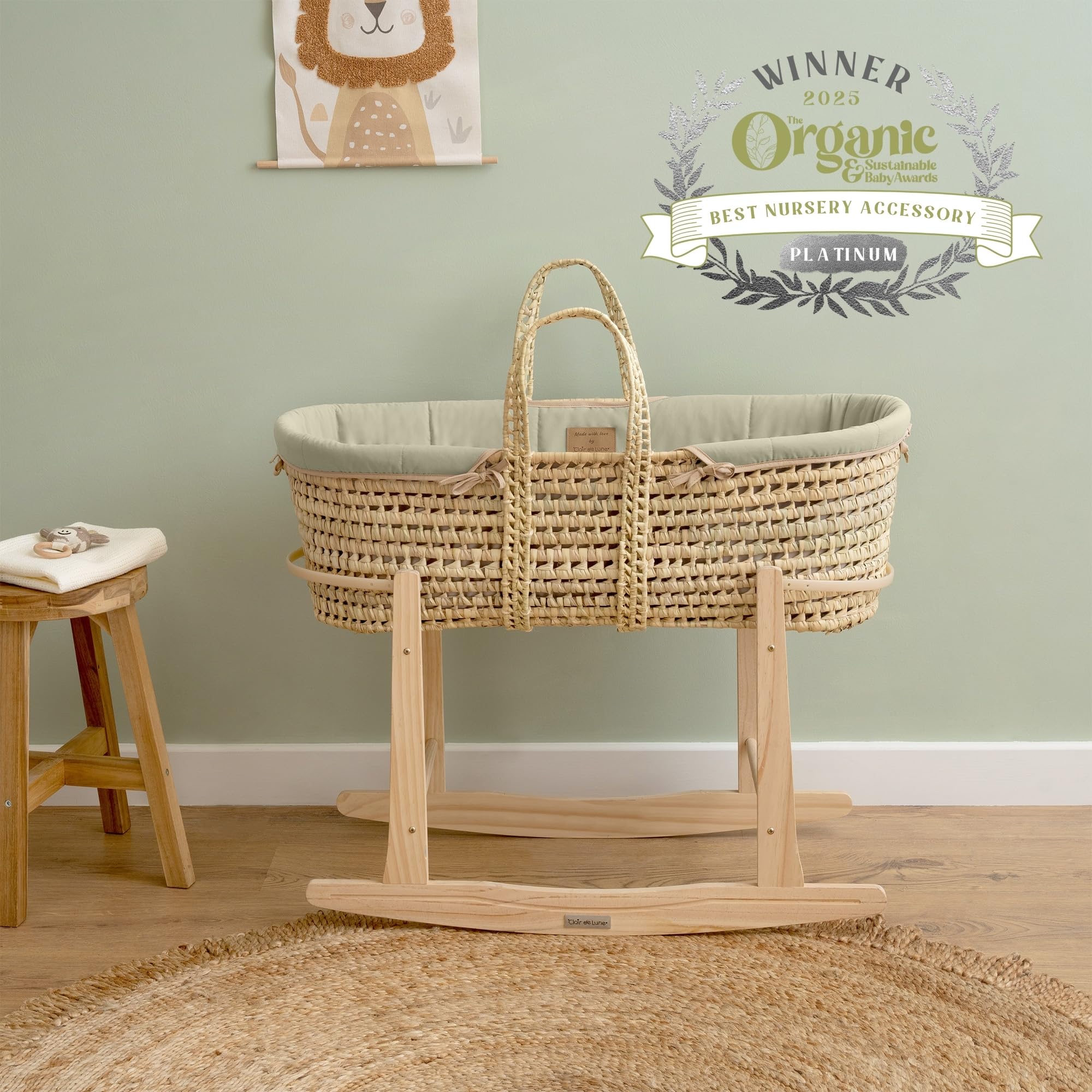 Clair de Lune Culla in palma biologica con supporto a dondolo naturale, premiata culla per bambini, 75 x 28 cm, verde salvia