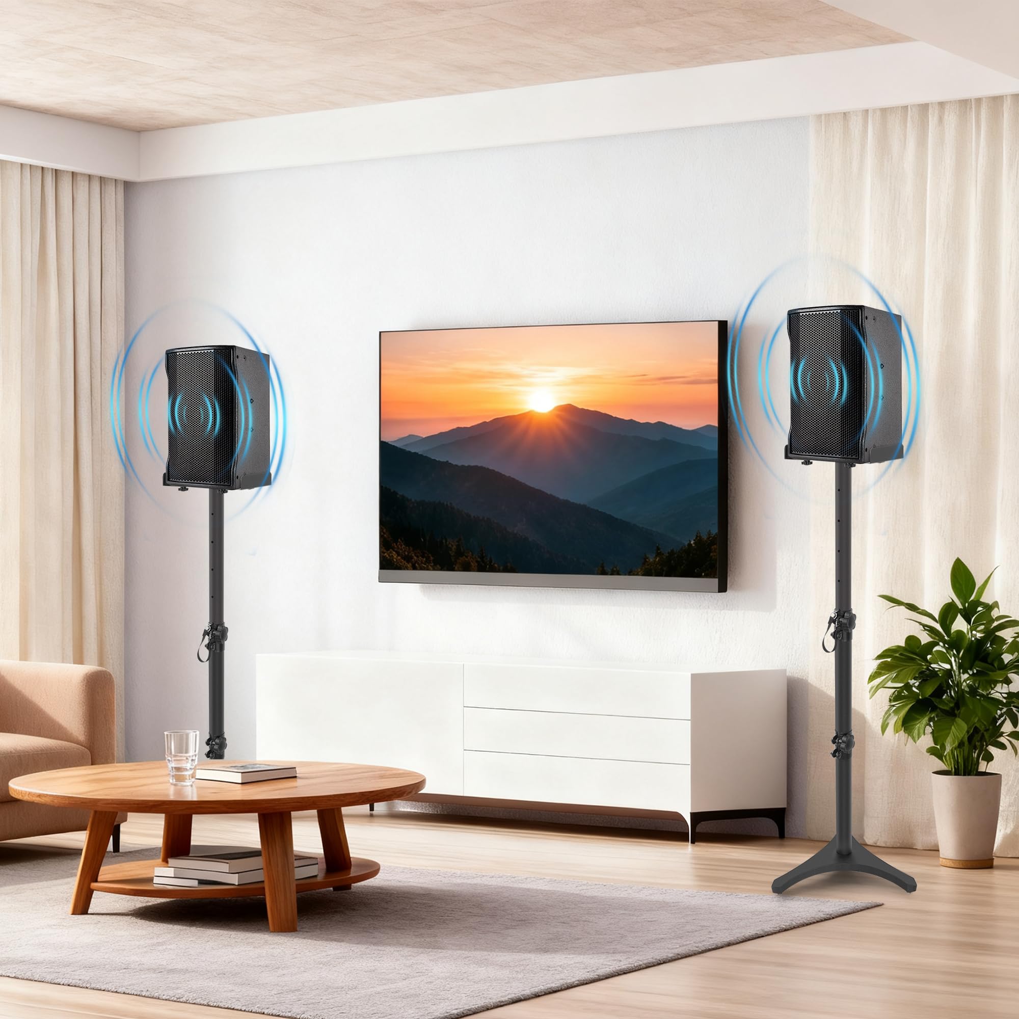 Set di 2 Supporti per Altoparlanti Regolabili in Altezza da 78 a 104CM, Fino a 5KG, Supporto per Altoparlanti con Base Triangolare, Supporti Universali per Altoparlanti per Home Cinema (3 Sezioni)