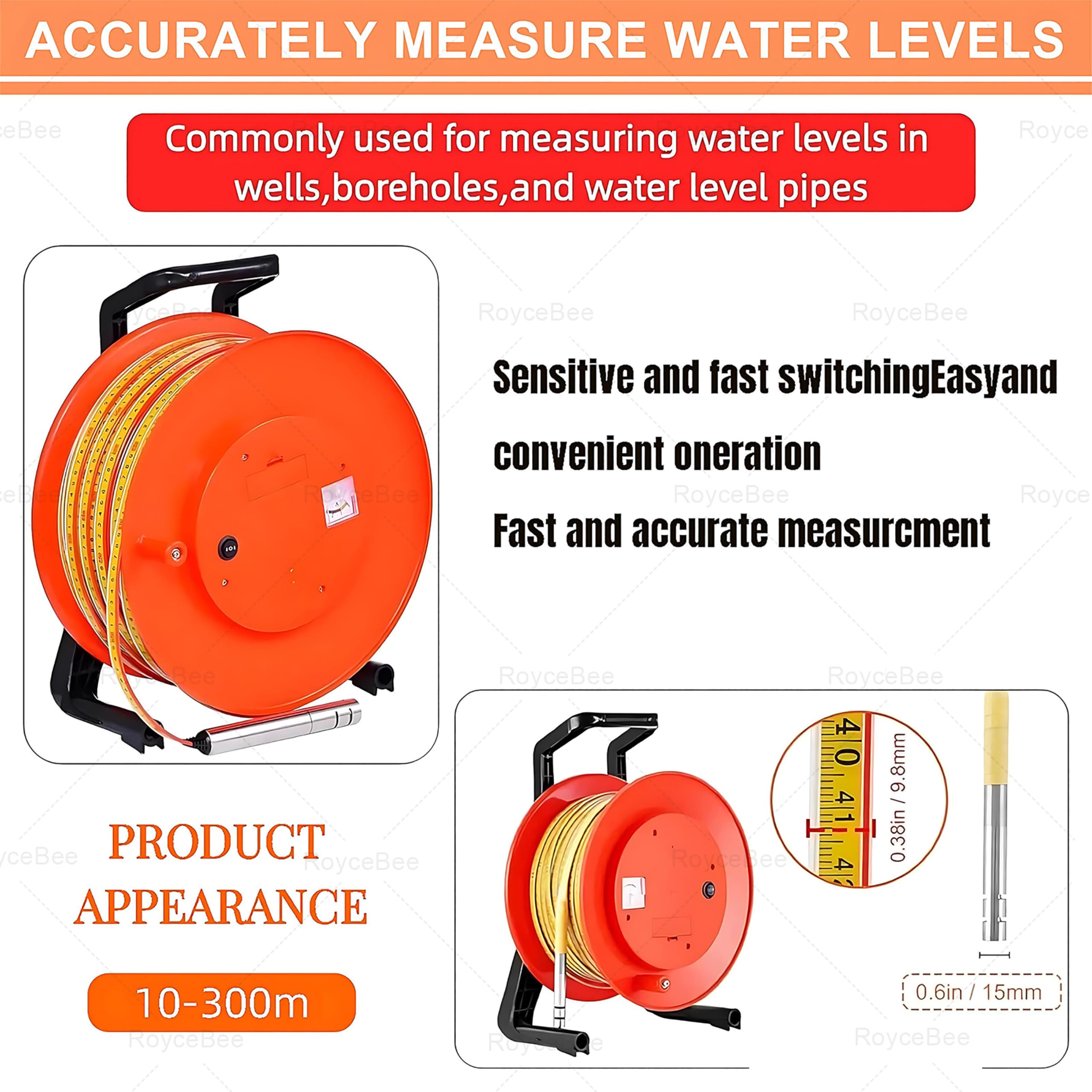 Coffret de Mesure de Niveau Piézométrique, avec Ruban en Acier et Indicateur Sonore/Lumineux, pour Relevés en Puits, Réservoirs d'eau et Études de Filtration de Barrages 50m/164ft