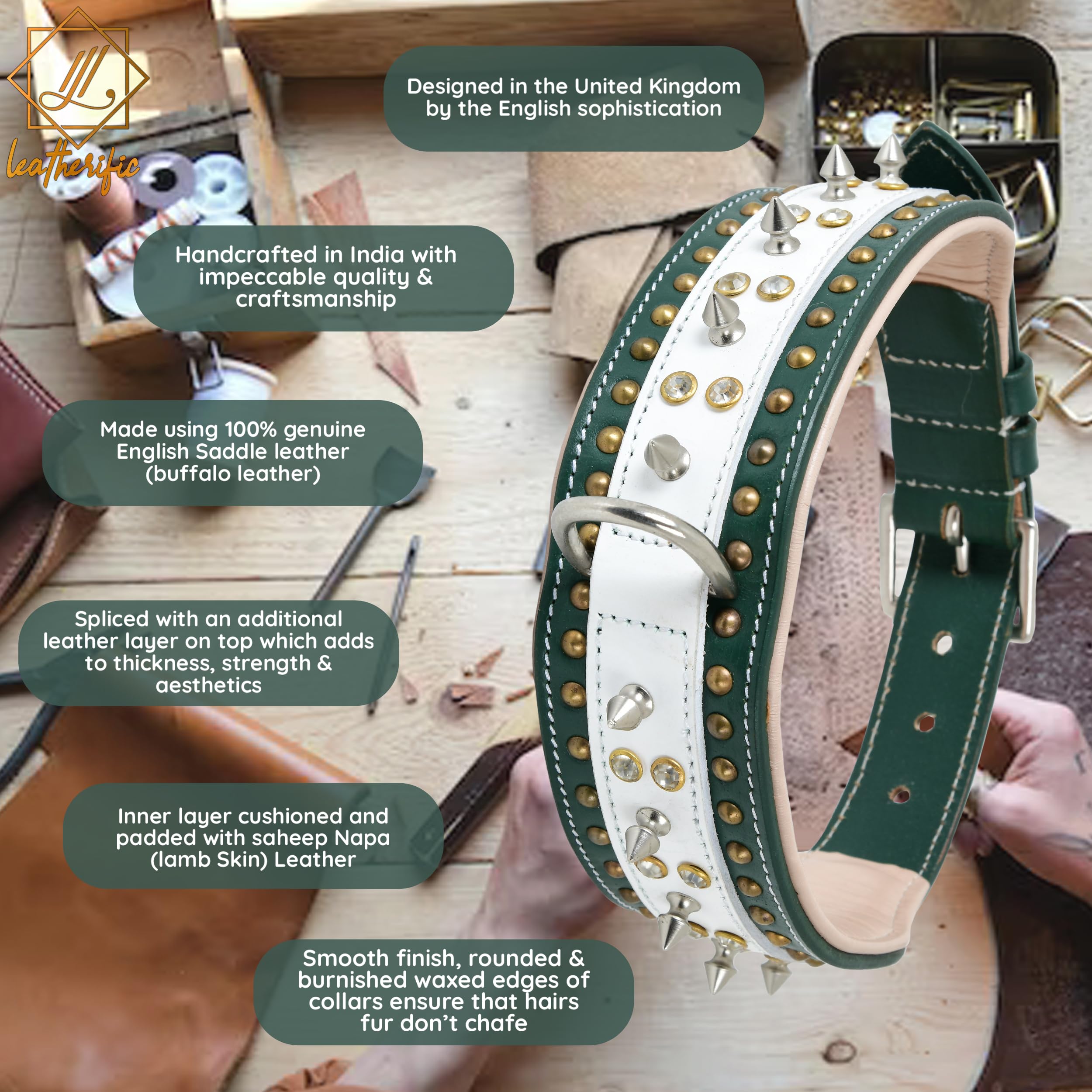 Leatherify - Collar de cuero genuino para perro, de alta calidad, resistente, acolchado, fuerte, con picos atornillados, razas medianas, grandes, extragrandes, 2 pulgadas de ancho (color verde bosque