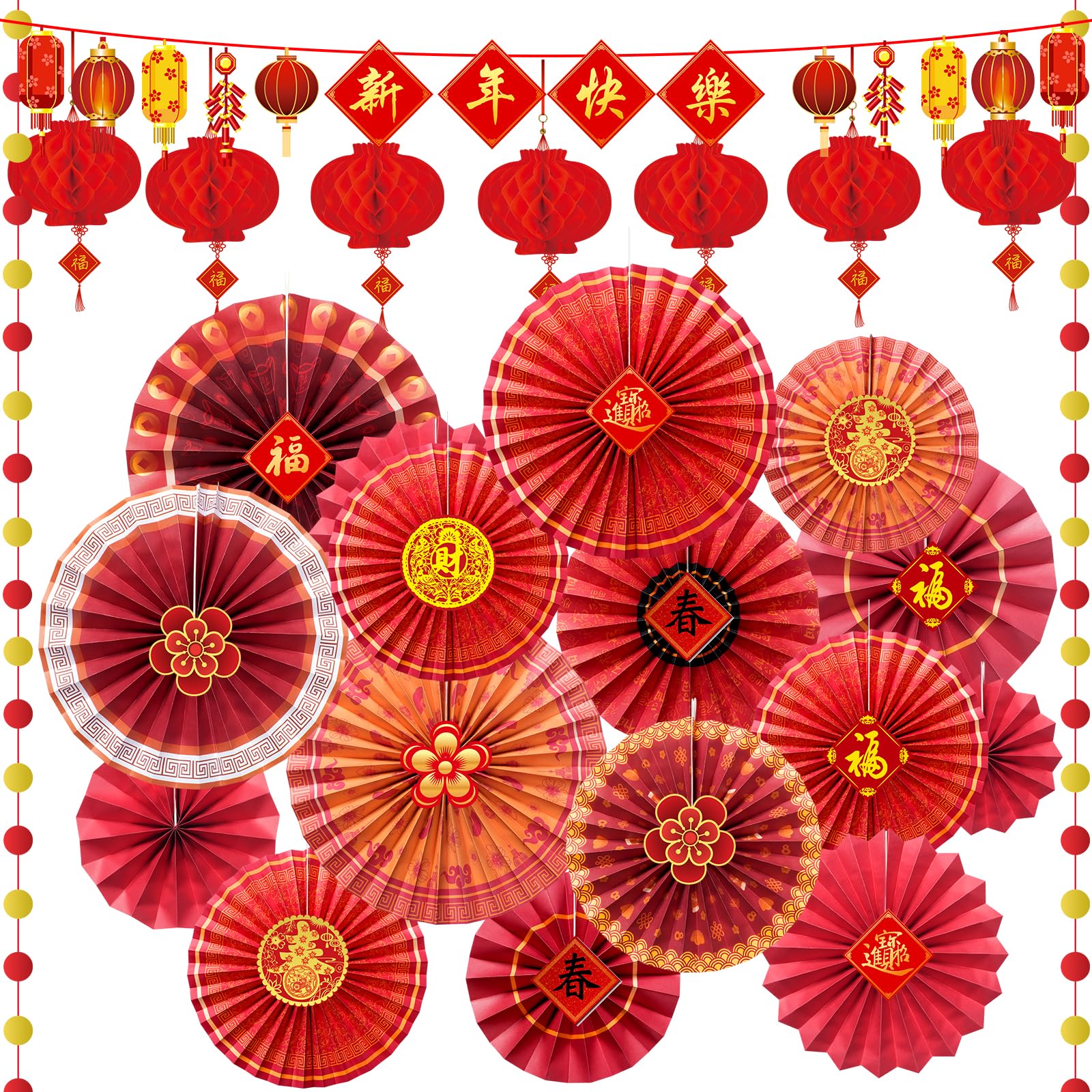 Ragnhild 24 Pcs Chinese New Year Decorations 2026, Chinese Red Paper Fans Lanterns Lunar New Year Decorations, Oriental Hanging Ornaments Banner for