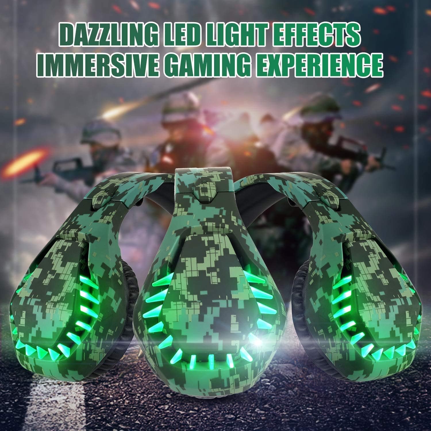 Gaming Headset for Nintendo Switch, PS4, Xbox One, PS5 Controller, Laptop, Mac, Noise Cancelling PC Headset with Mic,7.1 Stereo Surround Sound, Cool LED Light,Comfort Earmuff, Camo Green