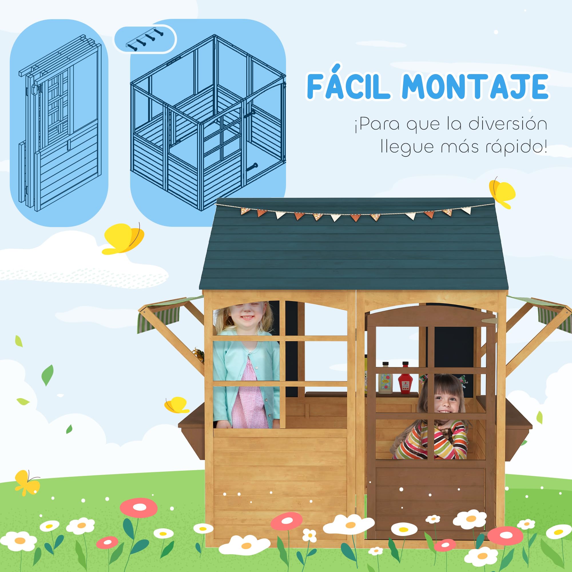 AIYAPLAY Casita Infantil Exterior Madera Plegable 2 Pizarras Ventanas Toldo Casa Jardín Juegos Niños 3 Años