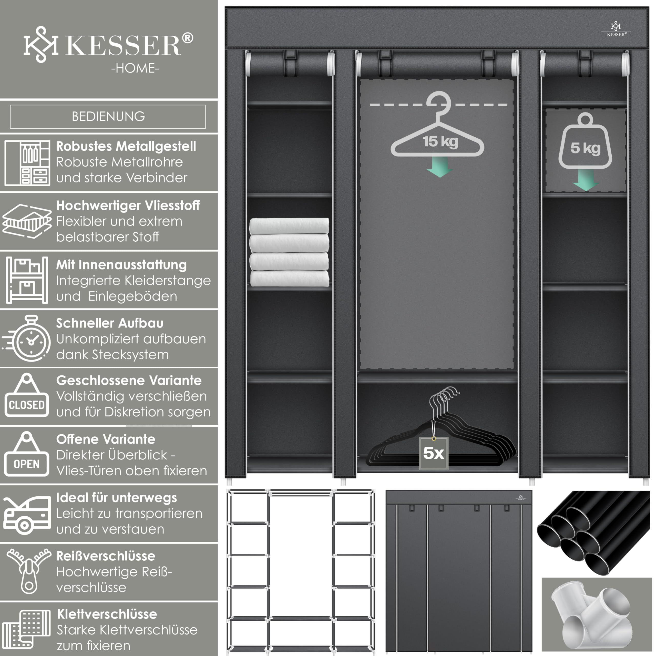 KESSER® Armario de tela estable con barra y estantes, incluye 5 perchas, armario plegable de tela para dormitorio, vestidor con perchero, 150 x 45 x 175 cm, antracita