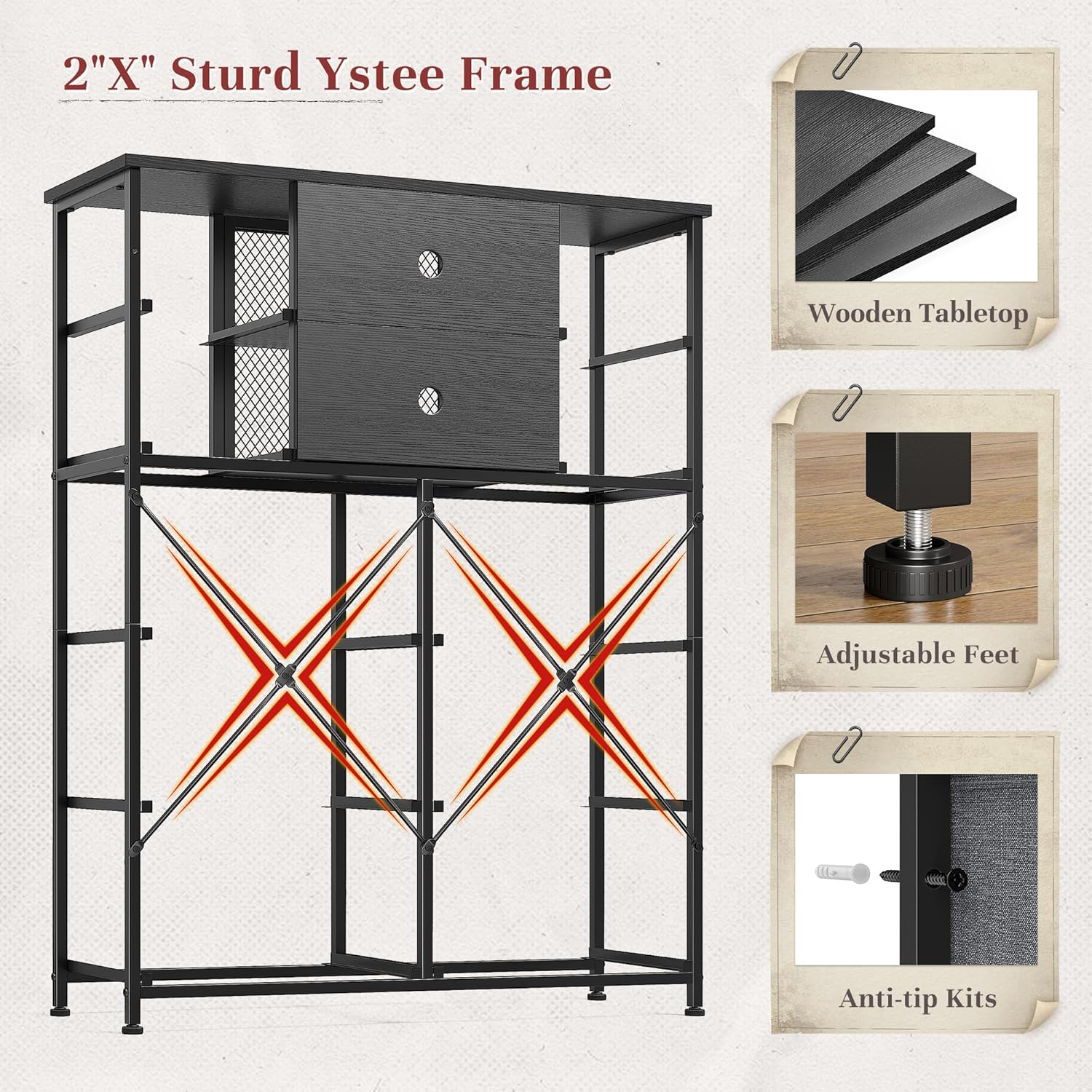 Dresser with metal mesh door open, showing stored items