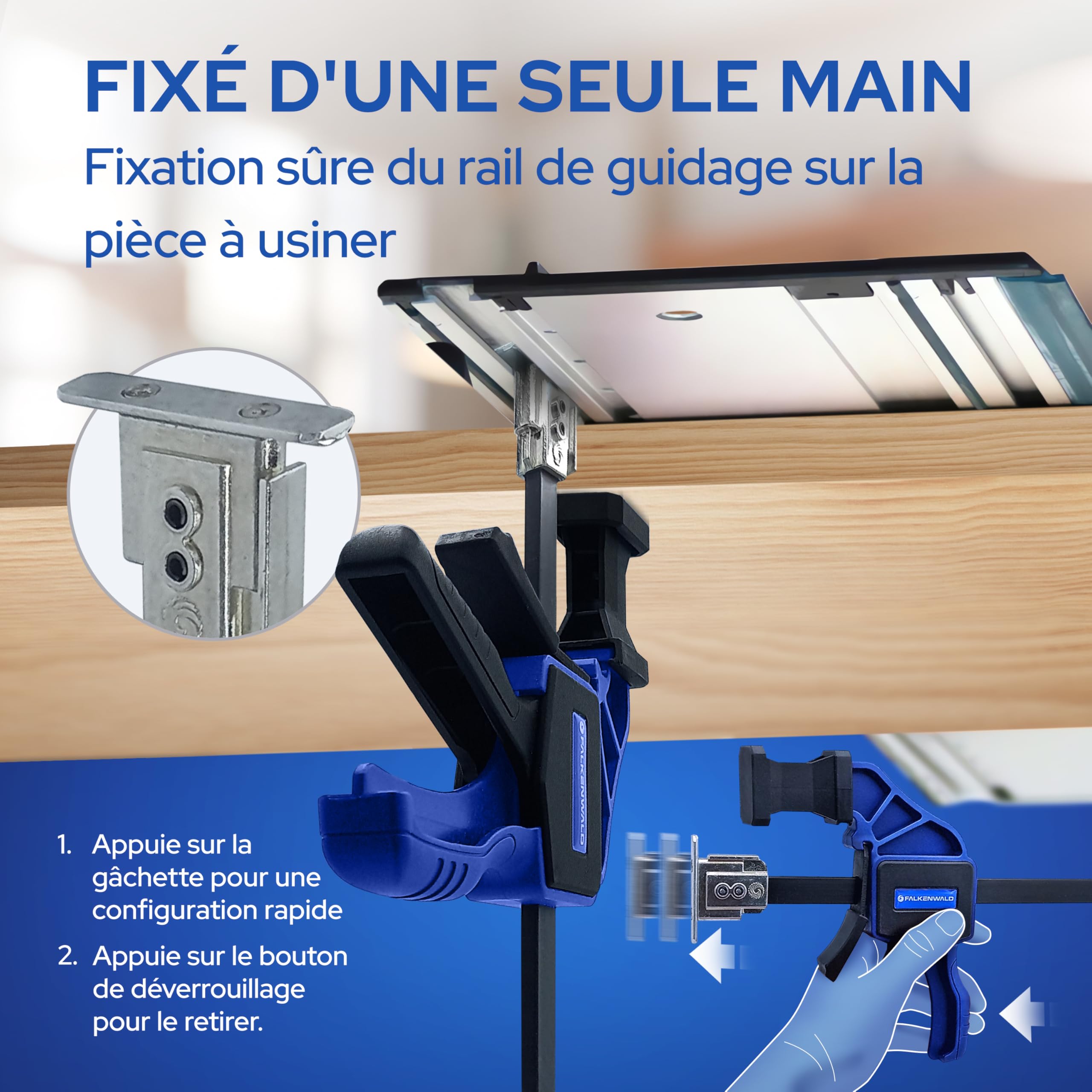 Falkenwald® Jeu de 2 Serre Joints à Libération Rapide pour bosch - Largeur de Serrage 150 mm et 240 mm - Force de Serrage Maximale de 68 kg pour Travail du Bois, des Métaux et DIY