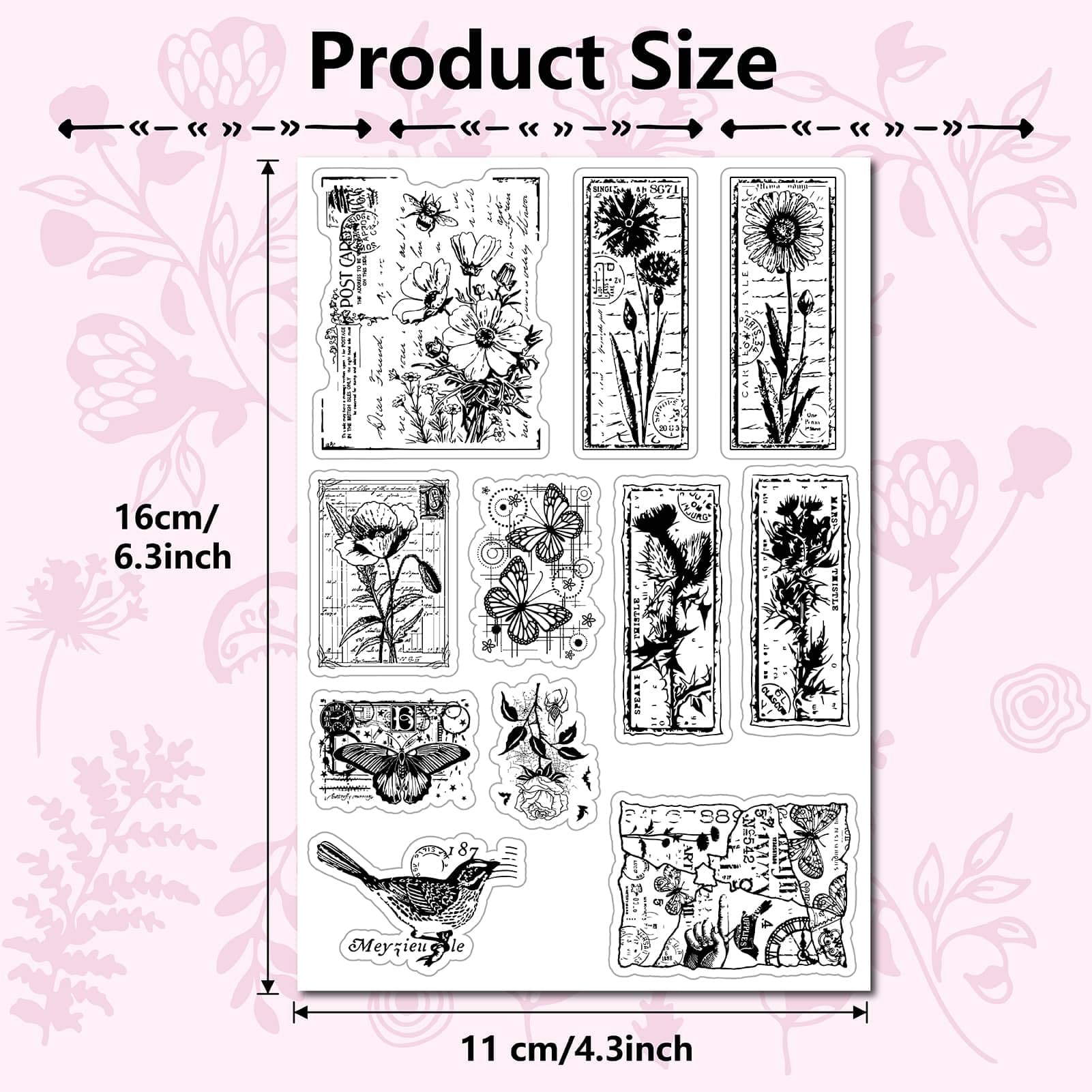 CRASPIRE Flowers Postcard Clear Rubber Stamp Poppy Moth Birds Butterfly Plants Vintage Transparent Silicone Seals Stamp for Journaling Card Making DIY Scrapbooking Handmade Photo Album Notebook Decor - Image 2