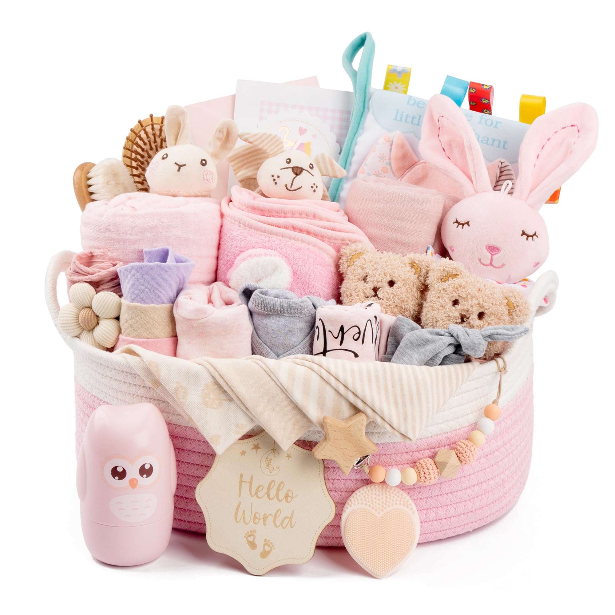 Baby Geschenk 30-teilig - Großer Geschenkkorb, ideal als Neugeborenen Geschenk für Jungen & Mädel. Enthält: Kapuzenbadetuch, Baby Set, Kuscheltier, Rassel, Kamm und Grußkarte (Rosa)