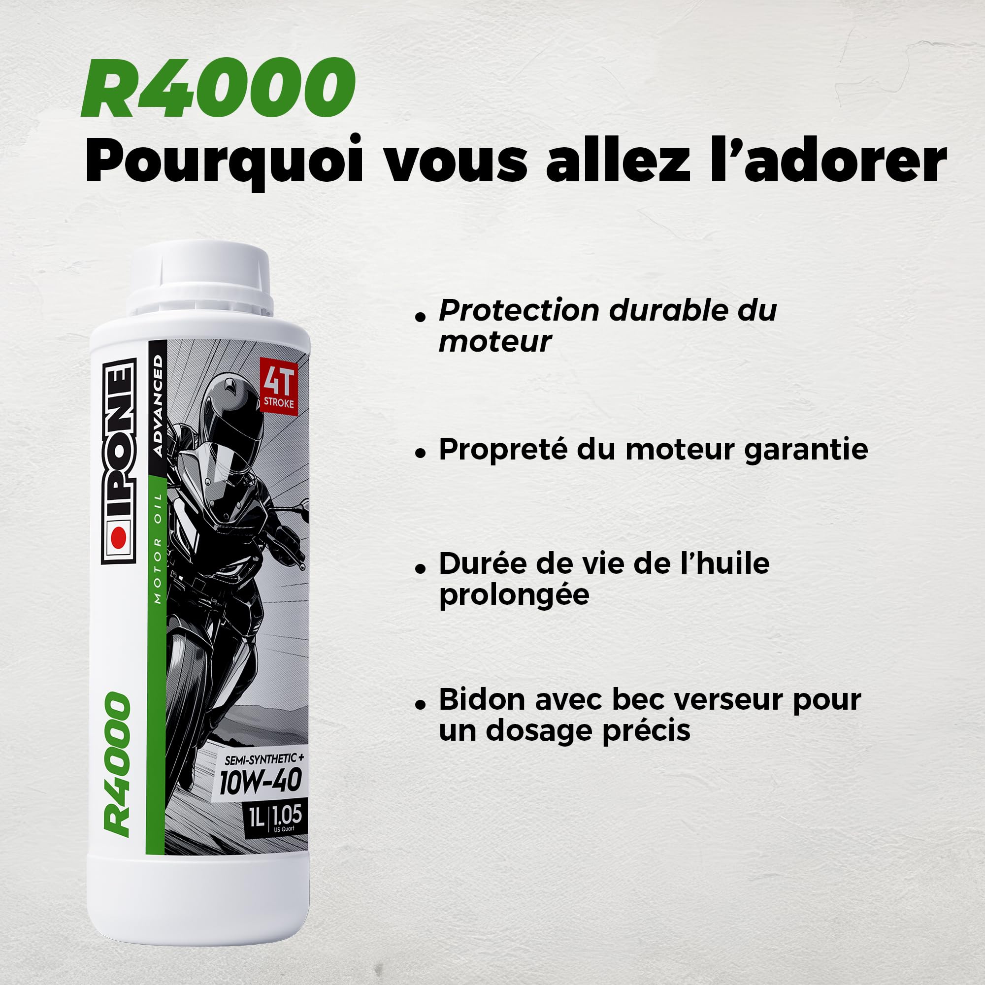 IPONE – Huile Moteur Moto 4 Temps 10W40 R4000 – Bidon 2 Litres - Semi-Synthétique+ - Gamme Advanced - Protection durable du moteur - Durée de vie de l'huile prolongée - Propreté du moteur garantie