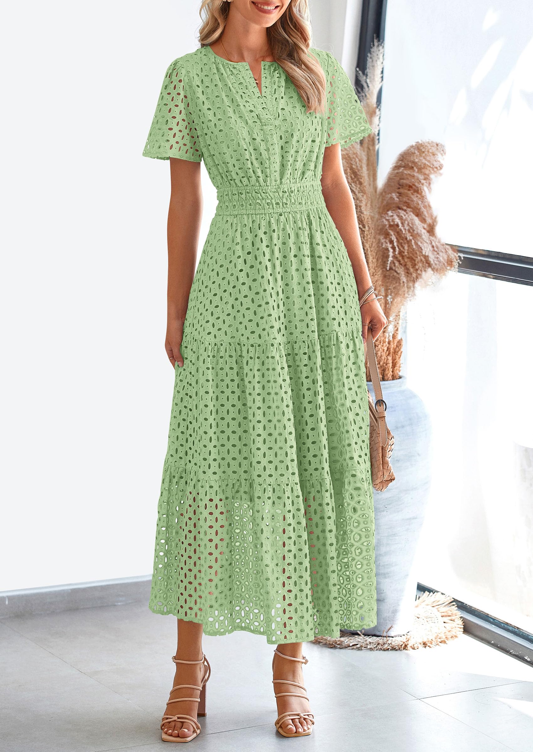 PRETTYGARDEN Womens 2026 Summer Maxi Dress Short Sleeve V Neck Hollow Out Eyelet A Line Long Flowy Beach Vacation Dresses