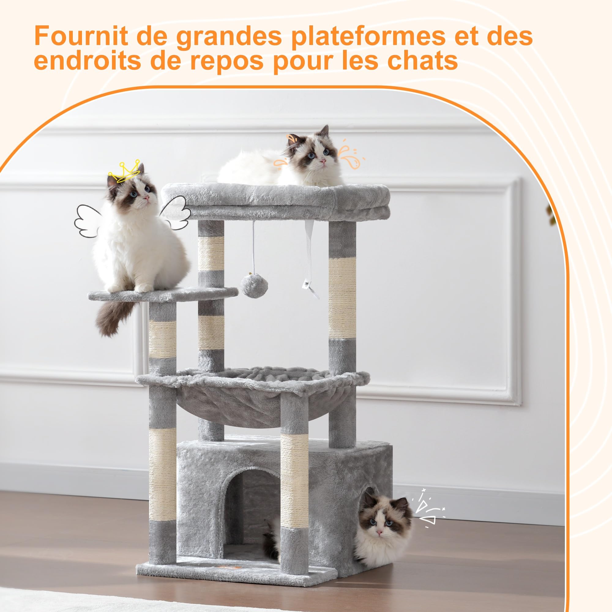 Heybly Arbre À Chat, Arbre À Chat avec Très Grand Panier pour Matou, Bois À Matou avec Lit Spacieux pour Matou Et Couchette Cachée, et Balle en Peluche, Gris Clair HCT008SW