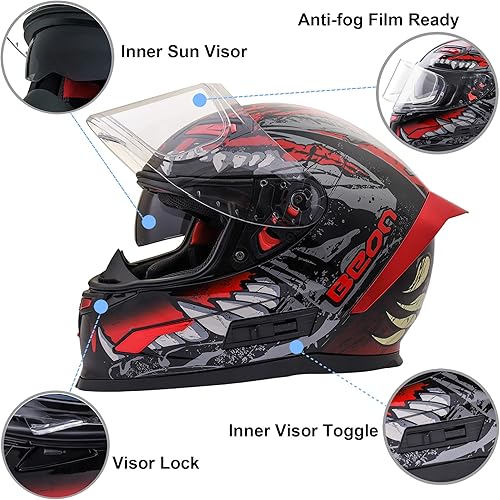 Miniatura 10 de BEON Full Face Motorcycle Helmet, Street Bike Helmet with Clear&Tinted Visors and Multiple Vents, Motocross Casco DOT Approved for Adult Men Women