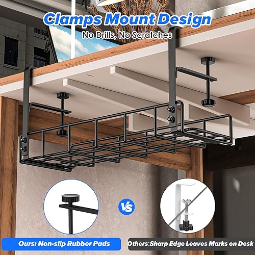 Miniatura 2 de Bandeja de gestión de cables debajo del escritorio, paquete de 2, abrazadera de brazo largo mejorada, hacia dentro o hacia fuera, organizador de