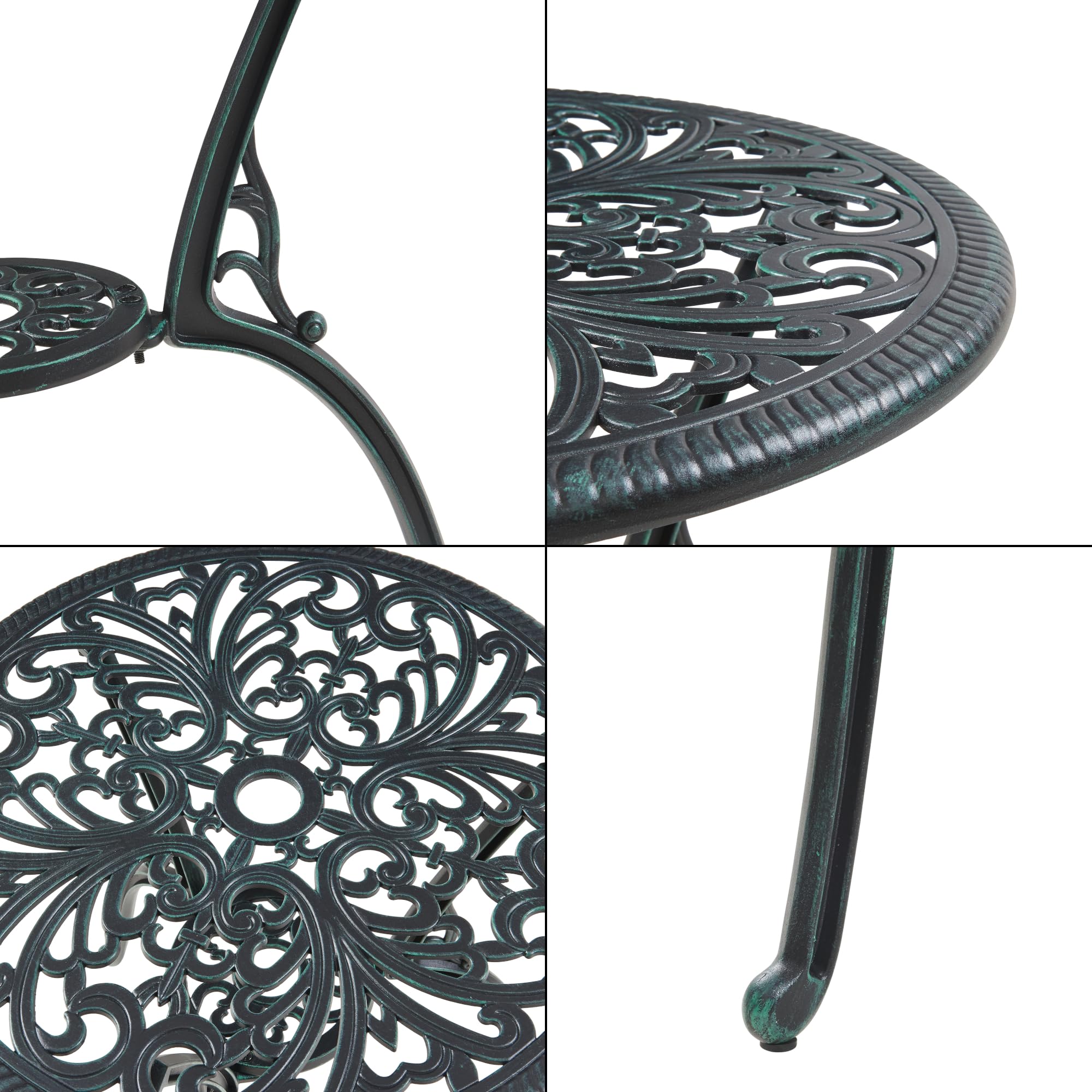 casa.pro Juego de Bistró de 3 Piezas Lupsam Set de 1 Mesa con Abertura para Sombrilla y 2 Sillas Conjunto de Muebles de Exterior Terraza Jardín Patio Balcón Aluminio - Gris Oscuro con pátina Verde