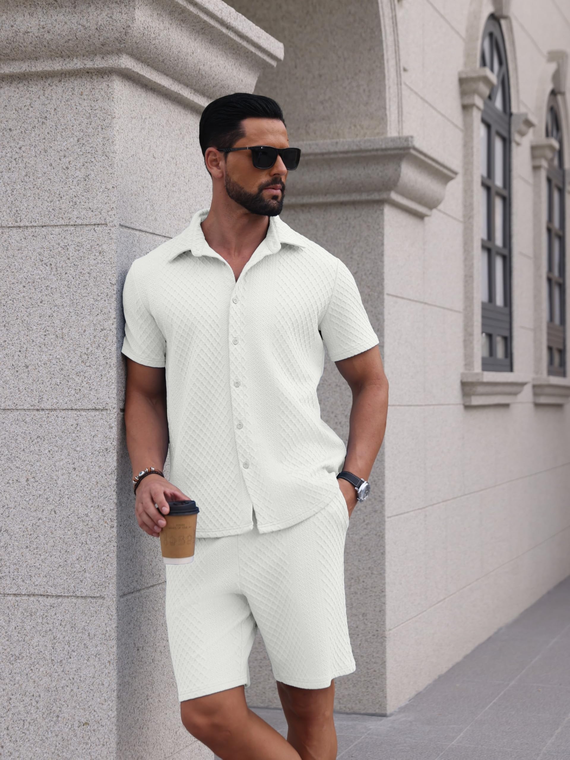 QIXING Conjunto deportivo de 2 piezas para hombre, conjunto de camisa y pantalones cortos de punto texturizado con botones y pantalones cortos, conjuntos casuales para vacaciones en la playa