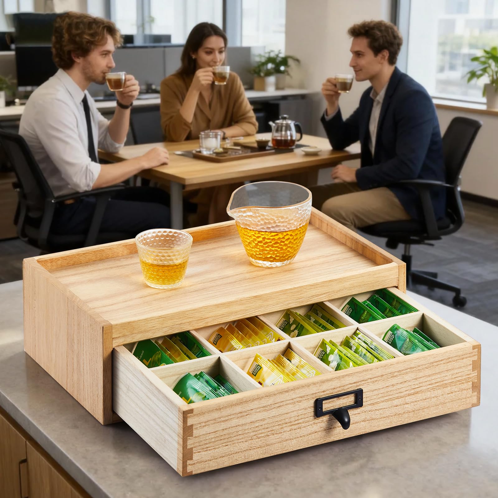 KIRIGEN Boîte à thé en bois massif avec tiroir - 8 compartiments - Boîte de rangement pour sachets de thé avec poignée en métal - Pour cuisine et bureau - Naturel