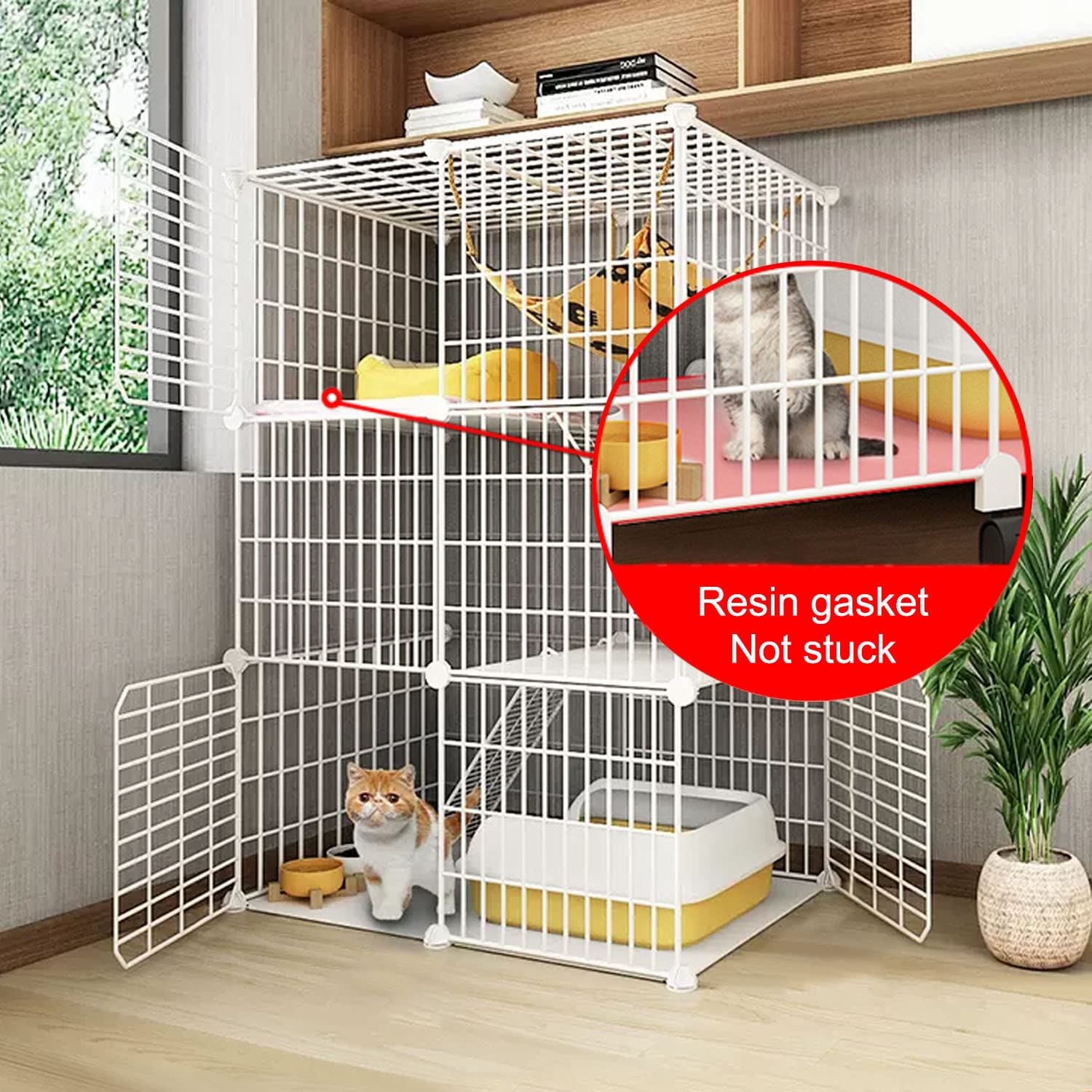 DIY-Katzenlaufstall für den Innenbereich, 3-stöckiger großer Katzenkäfig, Katzengehege, Lückenverschlüsselung, Katzennapf + Katzentoilette + Katzenstreuschaufel + Kletterleiter + Katzenstreu