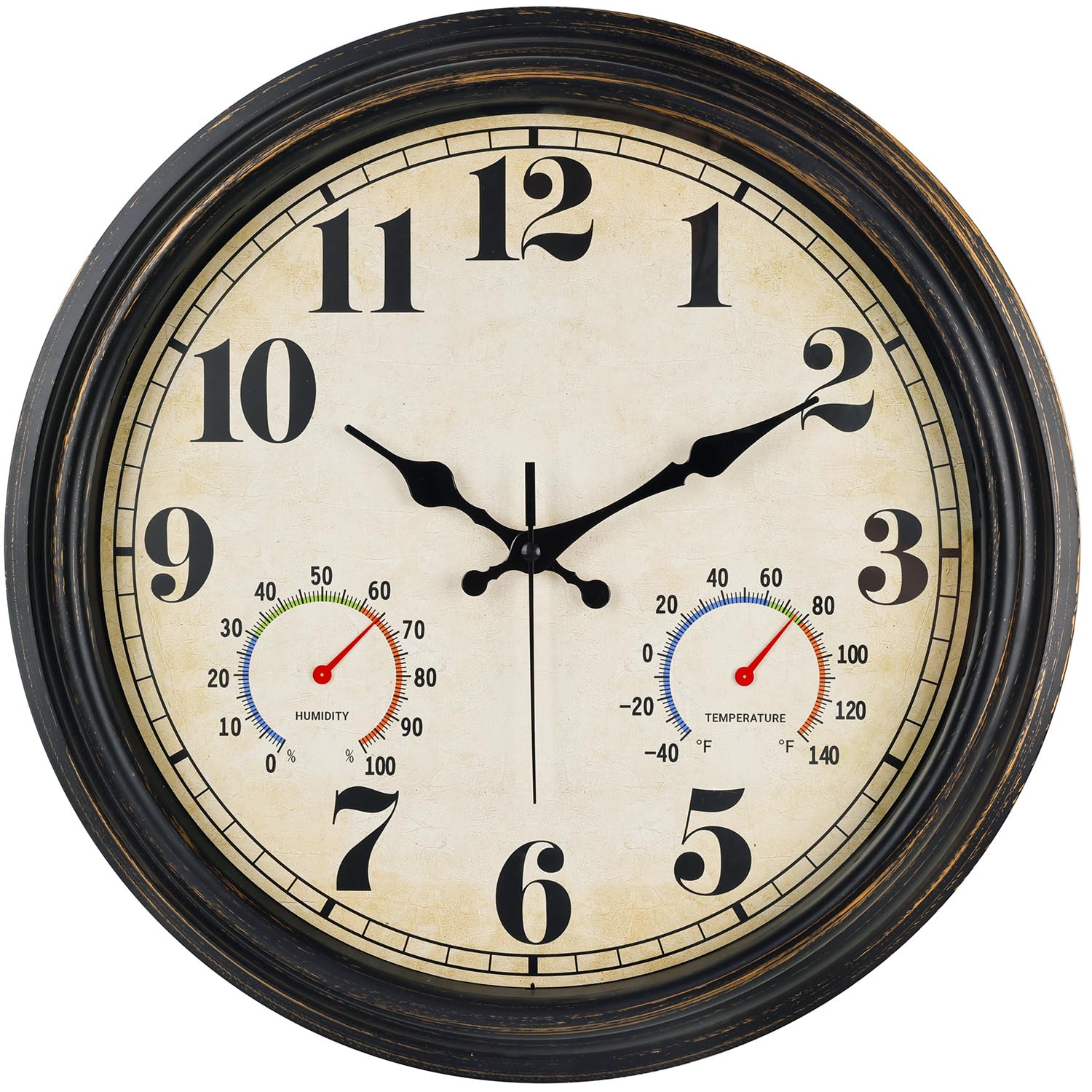 Photo 1 of ** SOLD AS IS, NO REFUND/RETURN** SEE COMMENTS!
16 Inch Black Gold Vintage Indoor/Outdoor Wall Clock with Thermometer & Hygrometer & Waterproof, Large Silent Sweep Numerals, Perfect for Porch, Garden, Pool