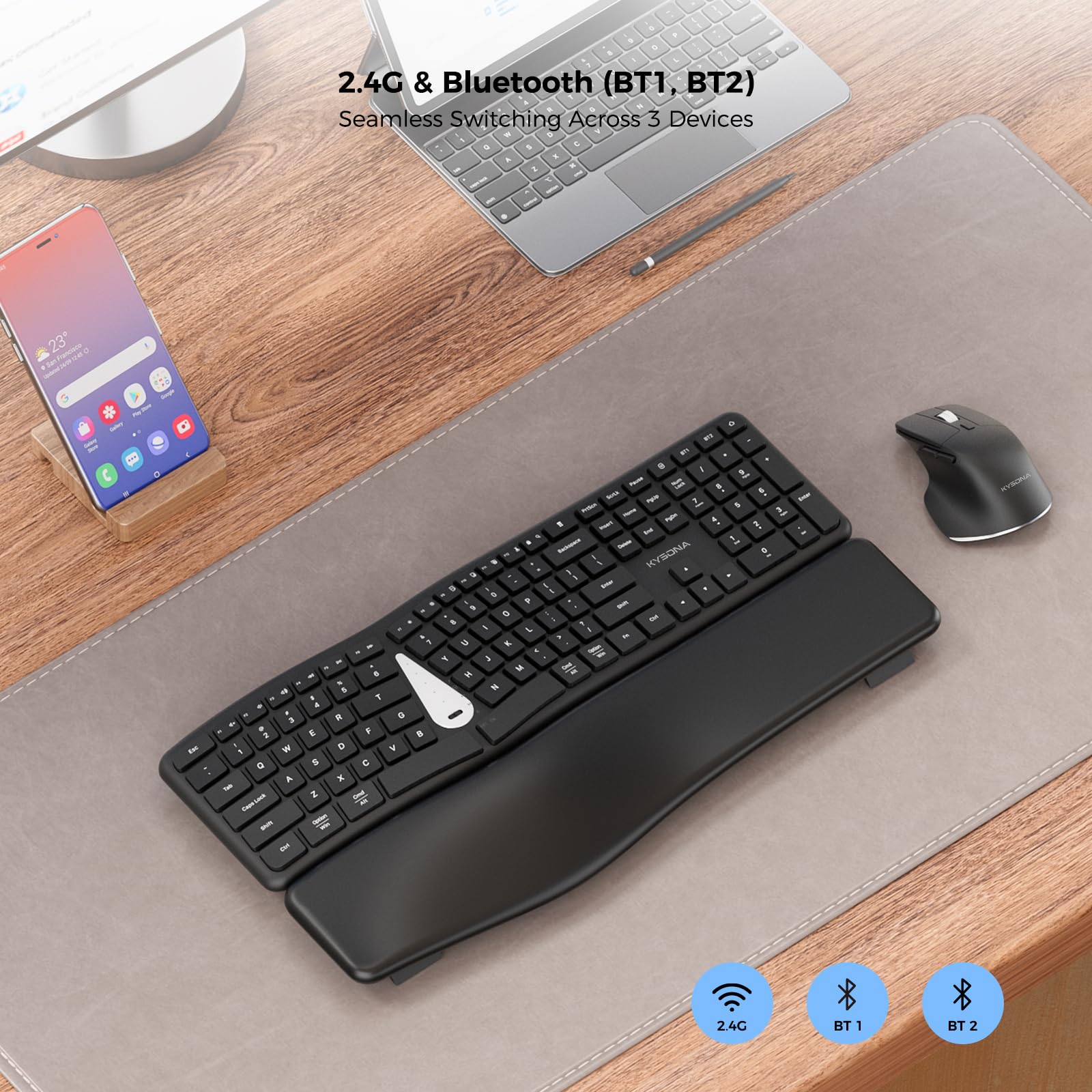KYSONA Tastiera ergonomica con mouse wireless combinato, tastiera Bluetooth split con poggiapolsi, mouse Ergo DPI a 4 livelli per computer Windows Mac OS, nero