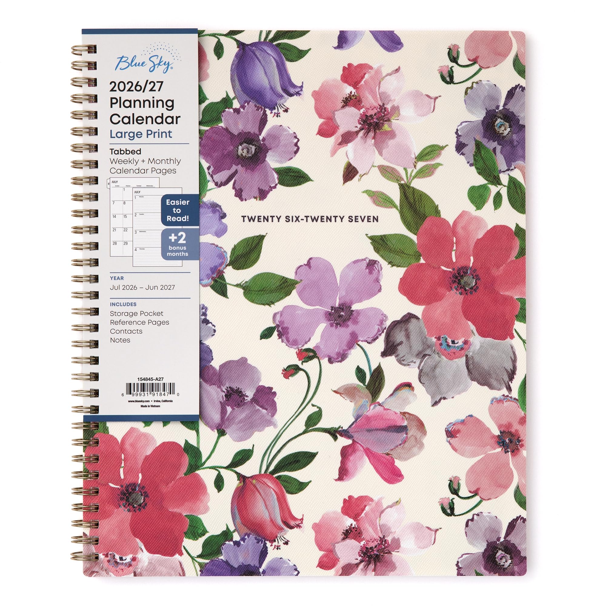 Blue Sky 2026-2027 Large Print Weekly and Monthly Academic Year Planner Calendar, July 2026 - June 2027, 8.5" x 11", Flexible Cover, Wirebound,
