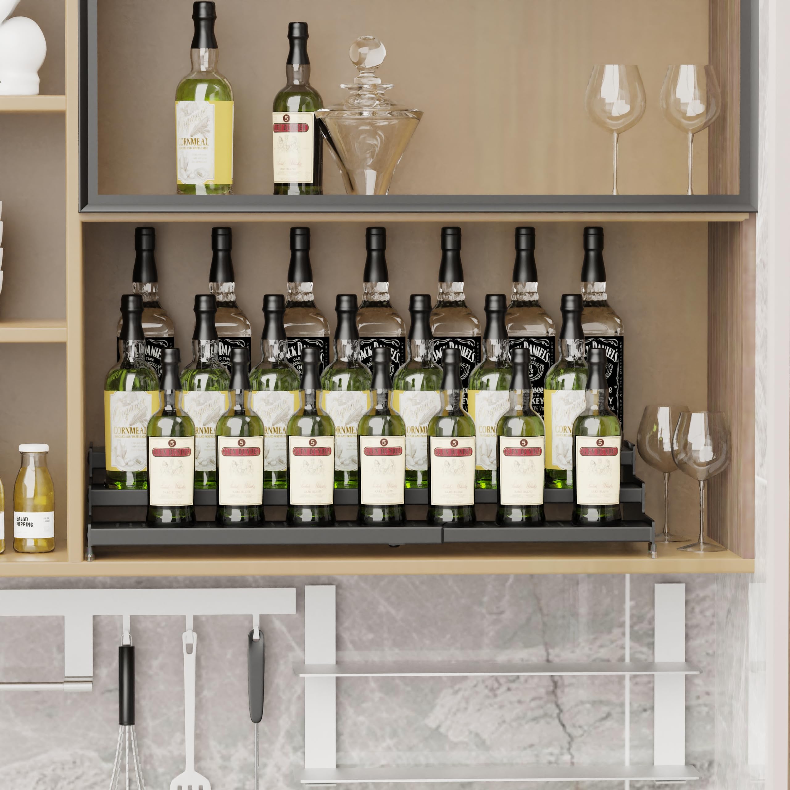Organizador expandible para especias con estante de 3 niveles, diseño moderno resistente, antideslizante y visibilidad, ideal para armario de cocina, baño, tocador, despensa y más (2 paquetes/negro)