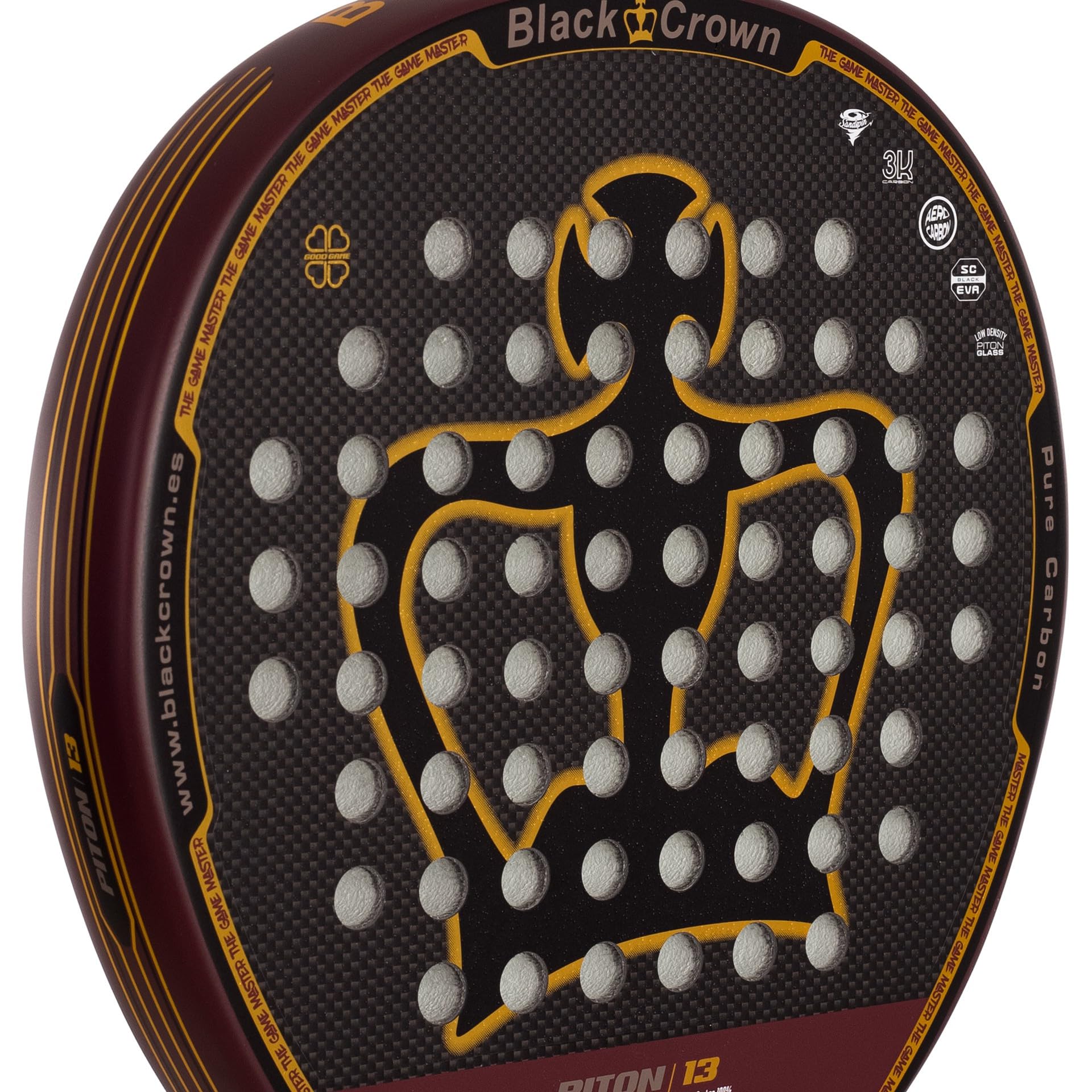 Black Crown - Raquette Piton 13 : Forme Ronde, Gomme SC Black EVA Moyenne, Double Cadre Tubulaire 100% Carbone, Carbone 3K + Piton Glas à Faible densité, contrôle et Puissance, Texture Rugueuse