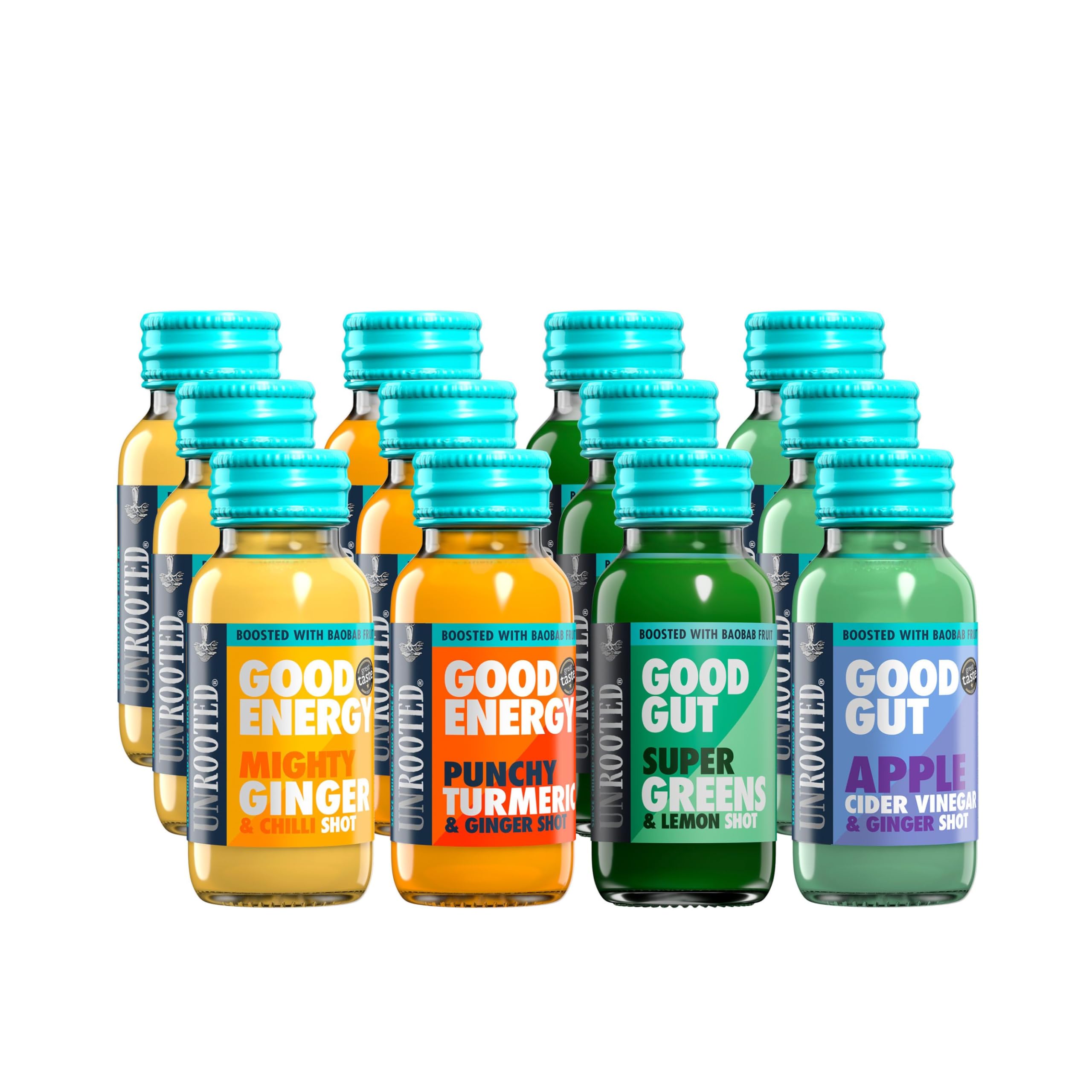 UNROOTED Baobab Gut Health Shots Multipack - 3 Good Gut Super Greens, 3 Apple Cider Vinegar, 3 Good Energy Punchy Turmeric and 3 Mighty Ginger, Supports Energy, Immunity and Digestion, 12x60ml Bottles