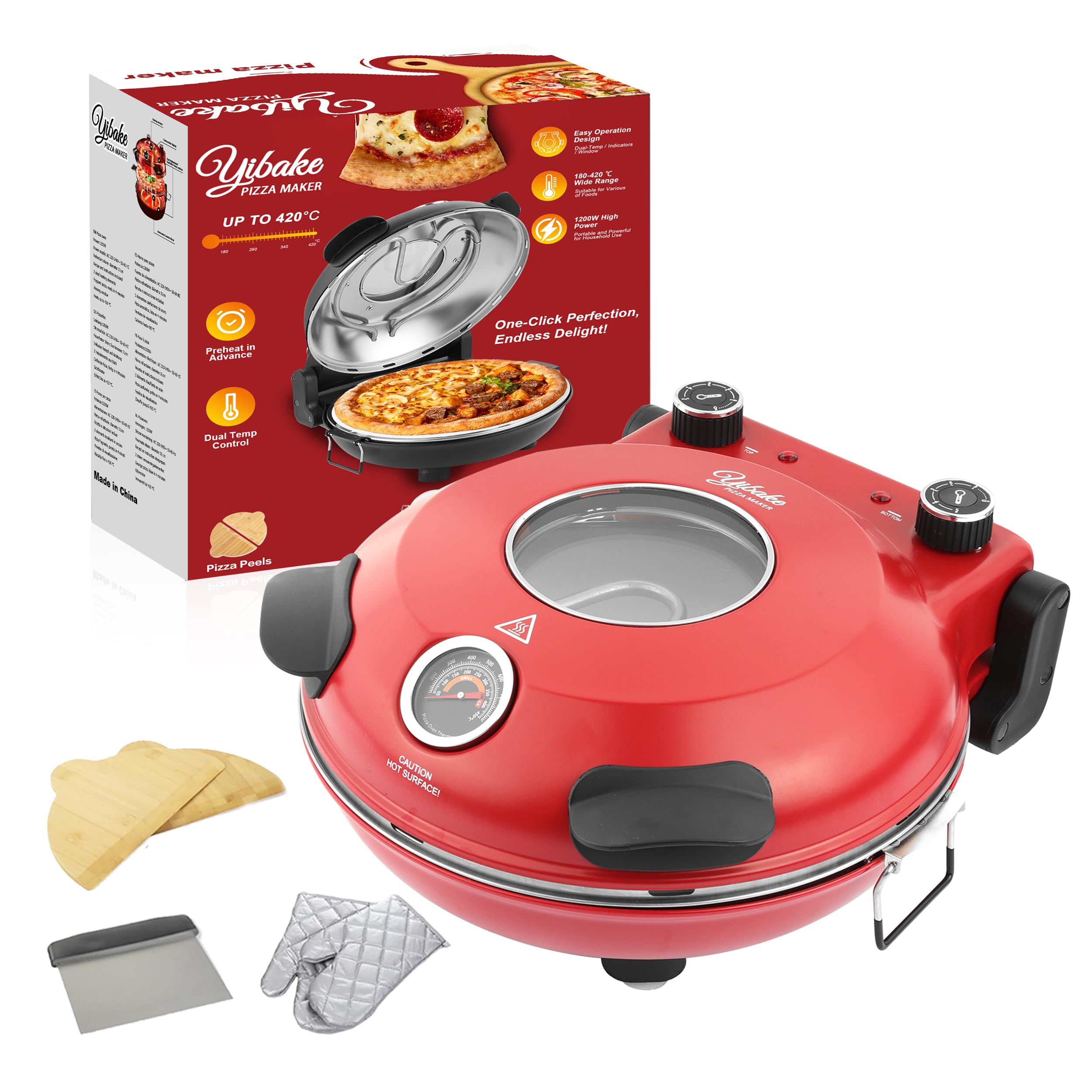 Electric-Pizza-Oven, 31cm Refractory Pizza Stone, 1200W Countertop-Pizza-Maker, 4-Min-Pizza in Pizza Maker, Dual Temp control, with Pizza Peels & Scraper Red