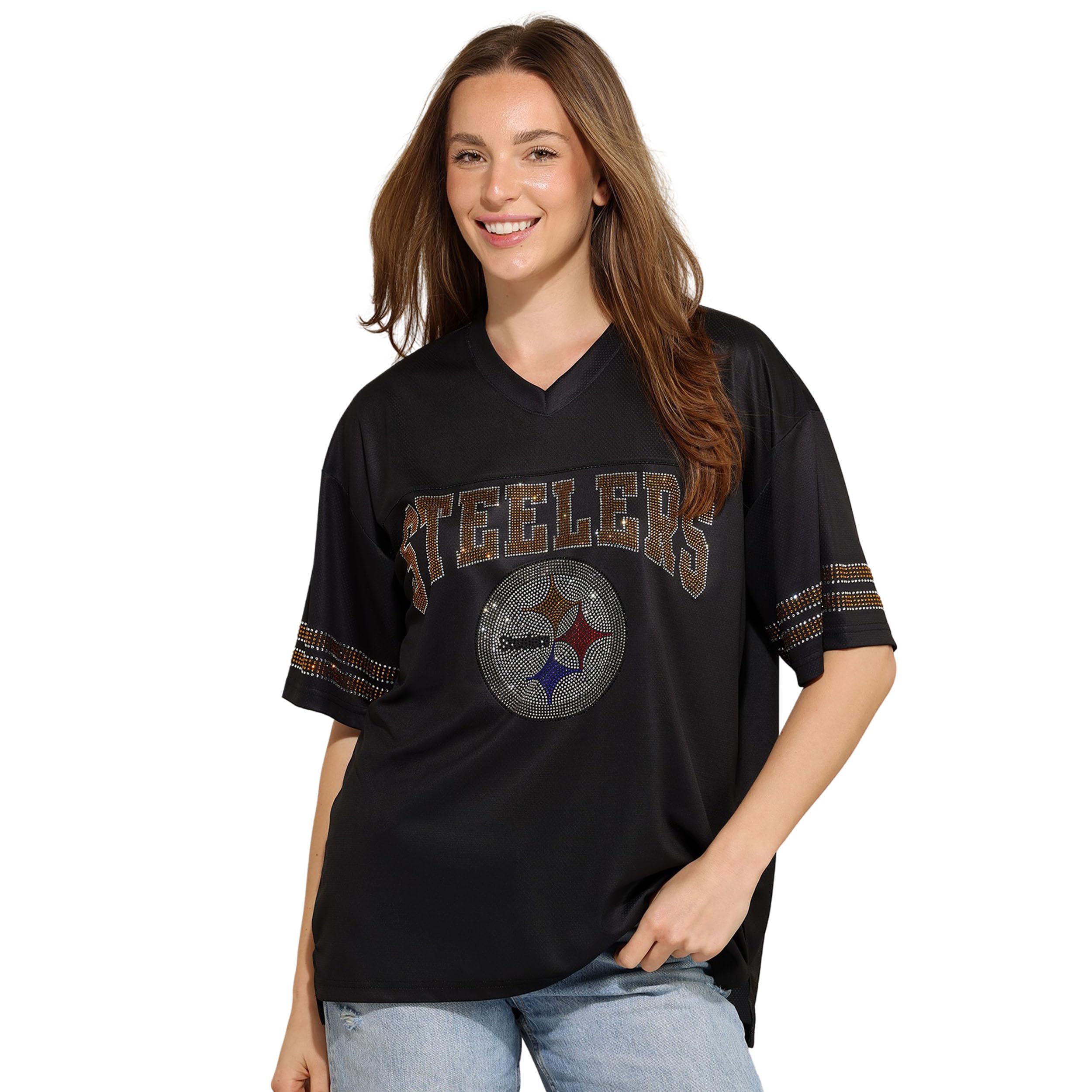 FOCO NFL Womens NFL Team Rhinestone Logo Oversized V-Neck Mesh T-Shirt