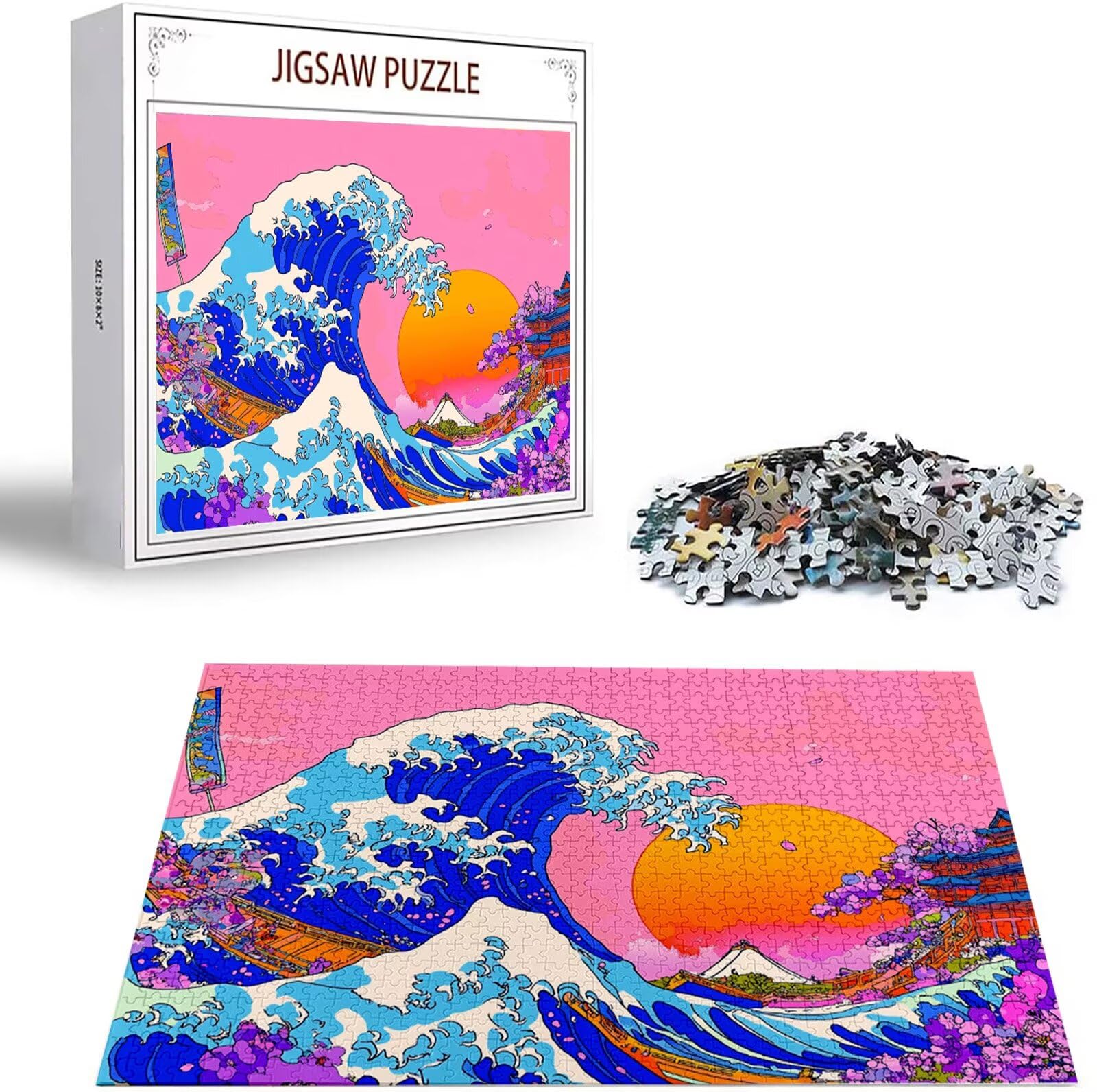 Japan Puzzle 1500 sztuk Puzzle dla dorosłych DIY klasyczna gra, puzzle w kształcie fal, Relaks i inteligencja dla 14-letnich chłopców 87 x 57 cm/1500 sztuk z drewnianym pudełkiem prezentowym H-2173