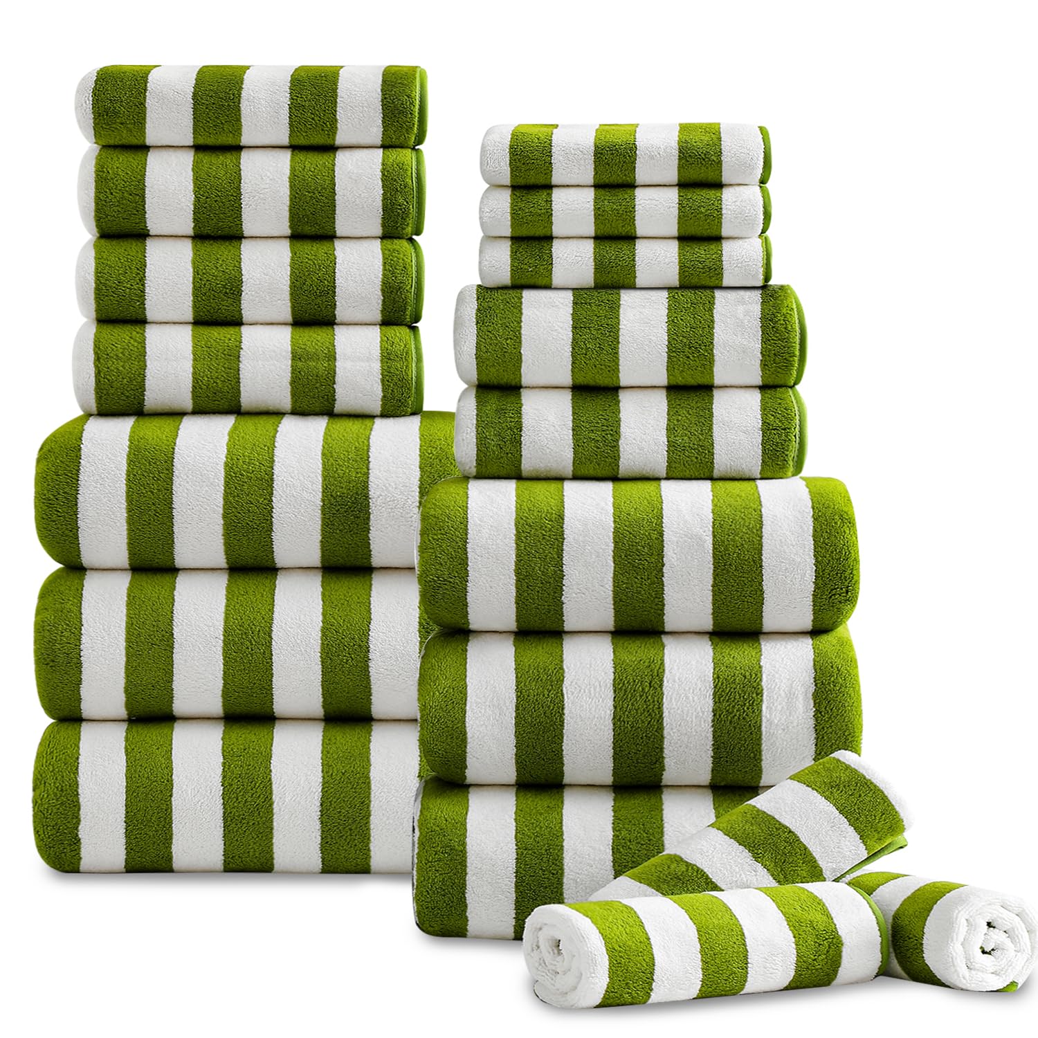 18 Pcs Green Stripe Bath Towel Set with Hanging Loop-6 Bath Towels 6 Hand Towels 6 Washcloths Soft