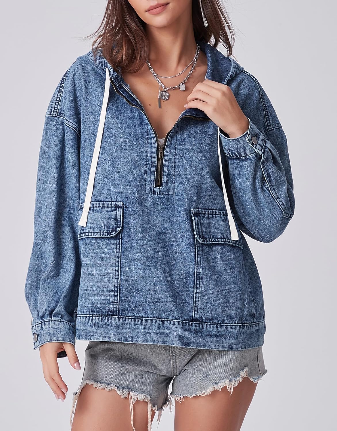 Kedera Women's Denim Hoodie Half Zip Pullover Jacket Jean Oversized Sweatshirt Tops with Pocket - Image 5