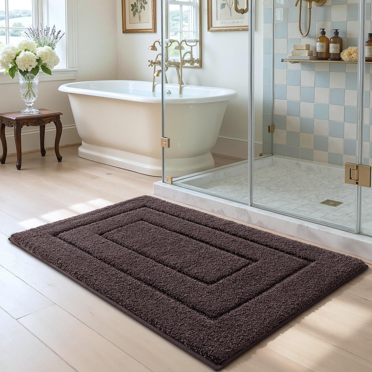 DEXI Bathroom Rug 36x24, Non Slip Washable Bath Mat for Shower Floor, Absorbent Soft Bathmat with Rubber Backing, Quick Dry Microfiber Carpet, Brown