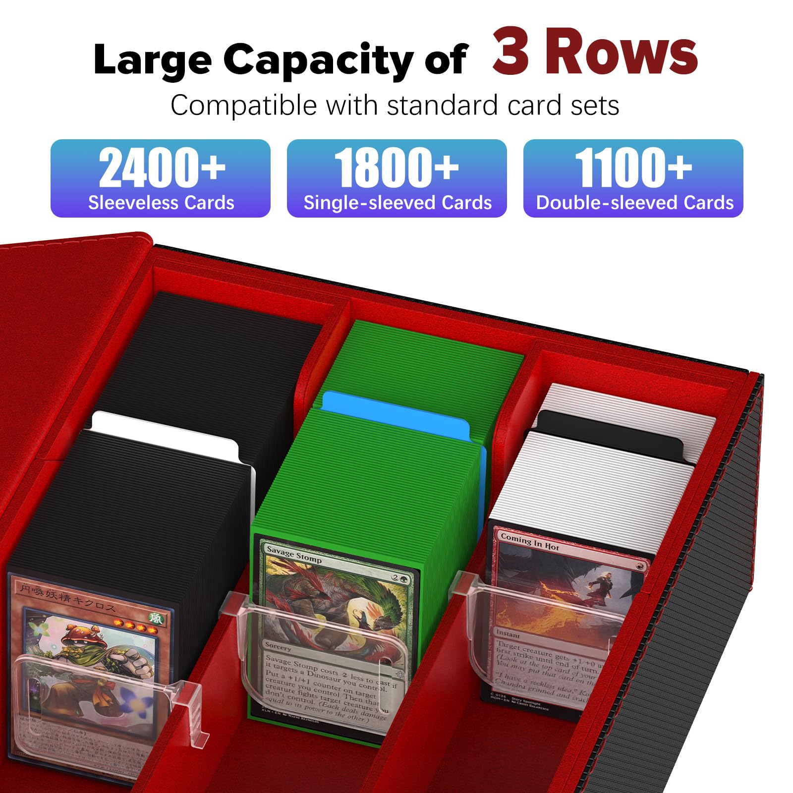Gomyrod 2400+ MTG Deck Box, 3 file Trading Card Storage Box con 15 divisori colorati, nero e rosso
