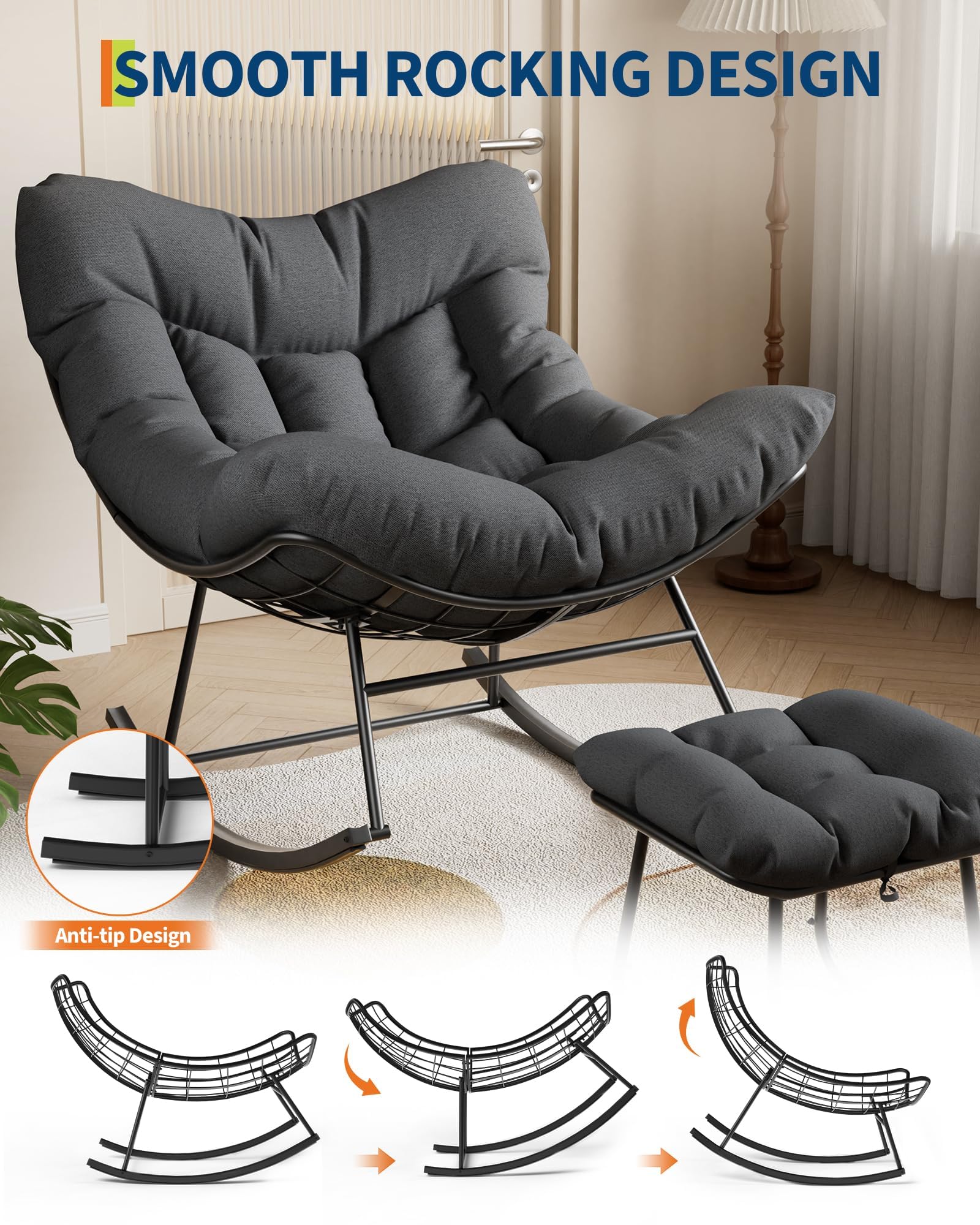 Sedia a dondolo esterno oversize forma uovo poggiapiedi - Seduta ergonomica tessuto grigio imbottitura spessa, struttura in metallo resistente alle intemperie, moderna sedia giardino giardino