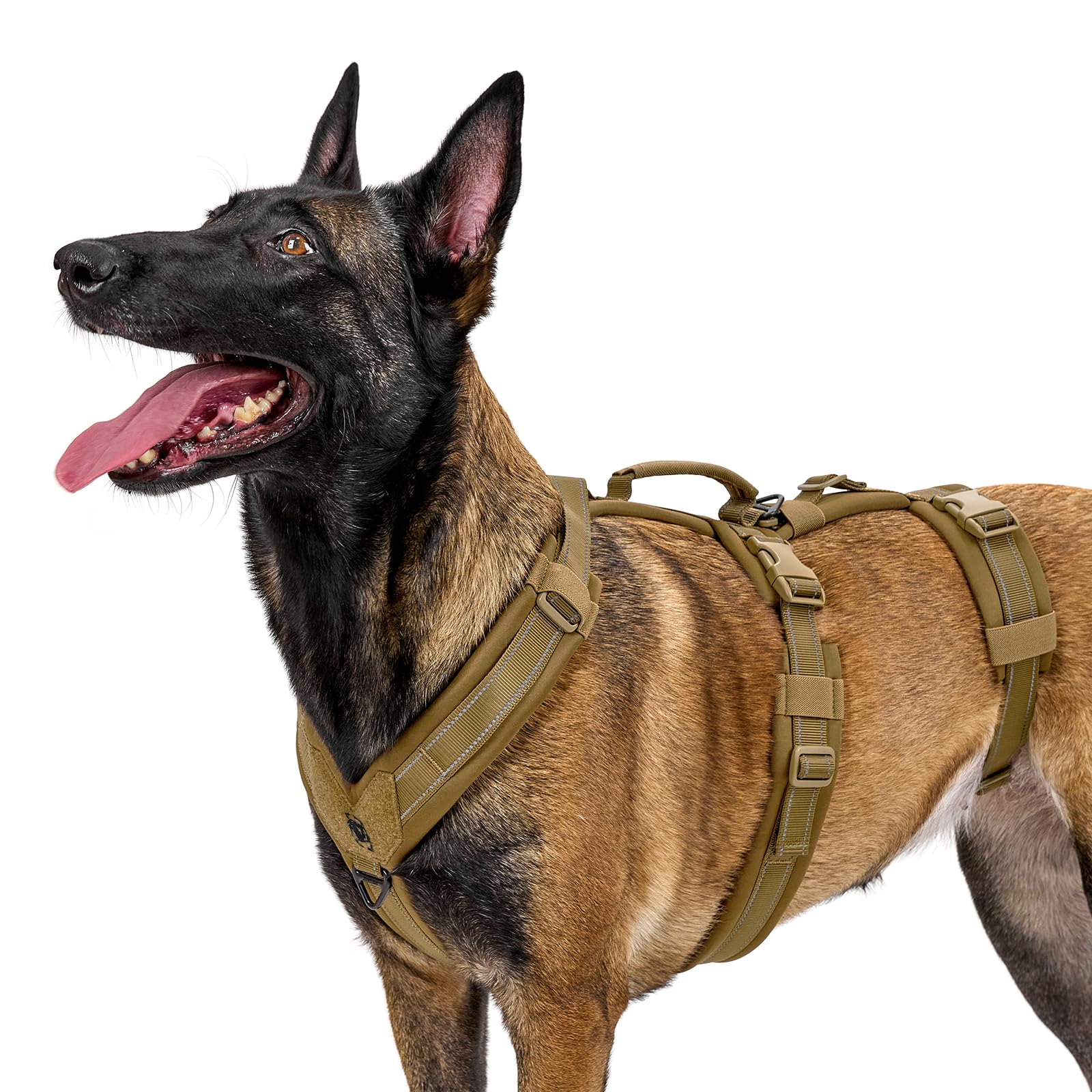 OneTigris Hundegeschirr, HOUNDLOCK Taktisches Geschirr Ausbruchsicher Einstellbar Weich Gepolstert Brustgeschirr mit 1 Griff, 2 D-Ringe und Reflektierend (Braun, XL)