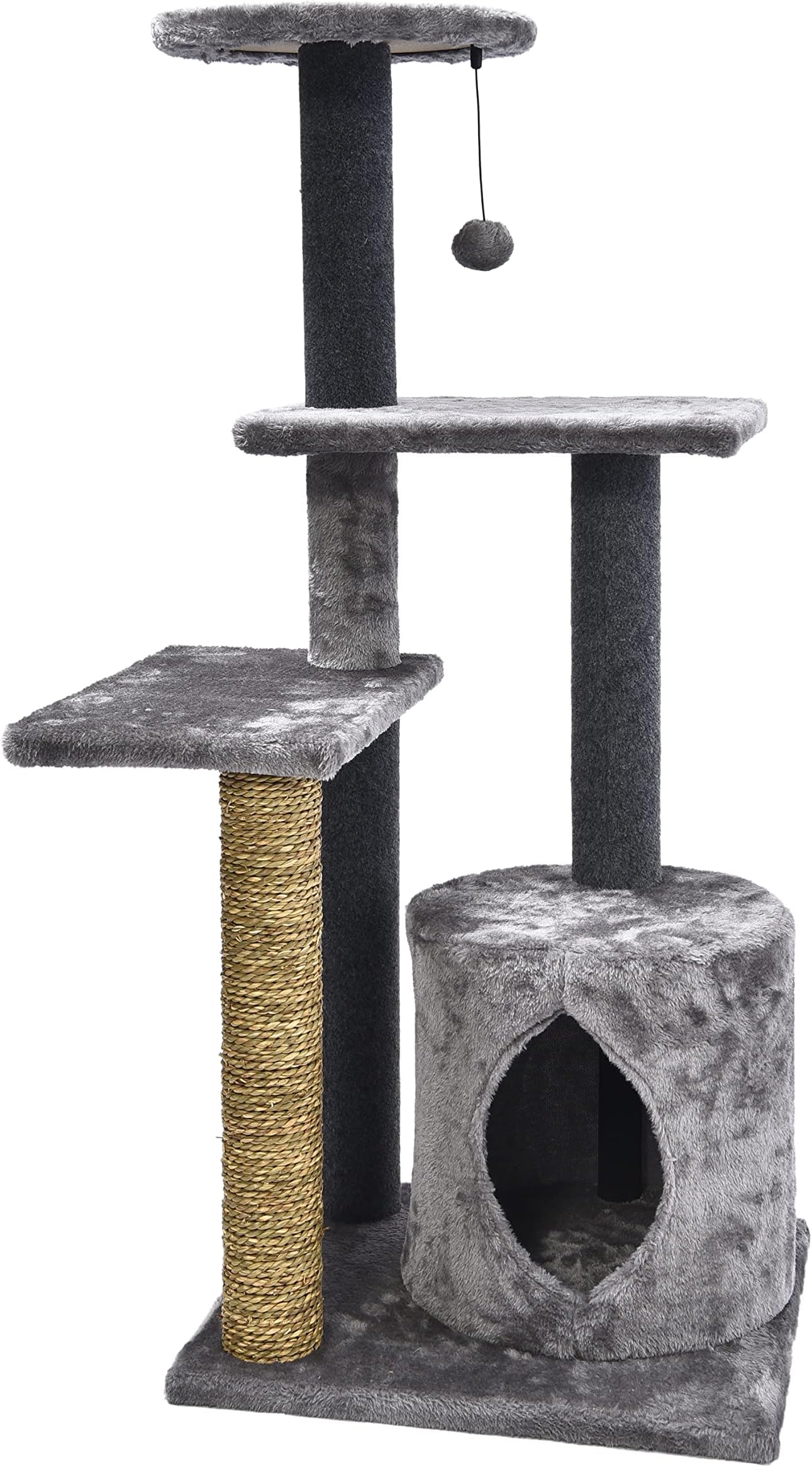 Cat Craft Level Up 5 -Level Plush & Seagrass Cat Activity Tree Habitat: Scratch, Condo & Plush Hanging Cat Toy, Gray