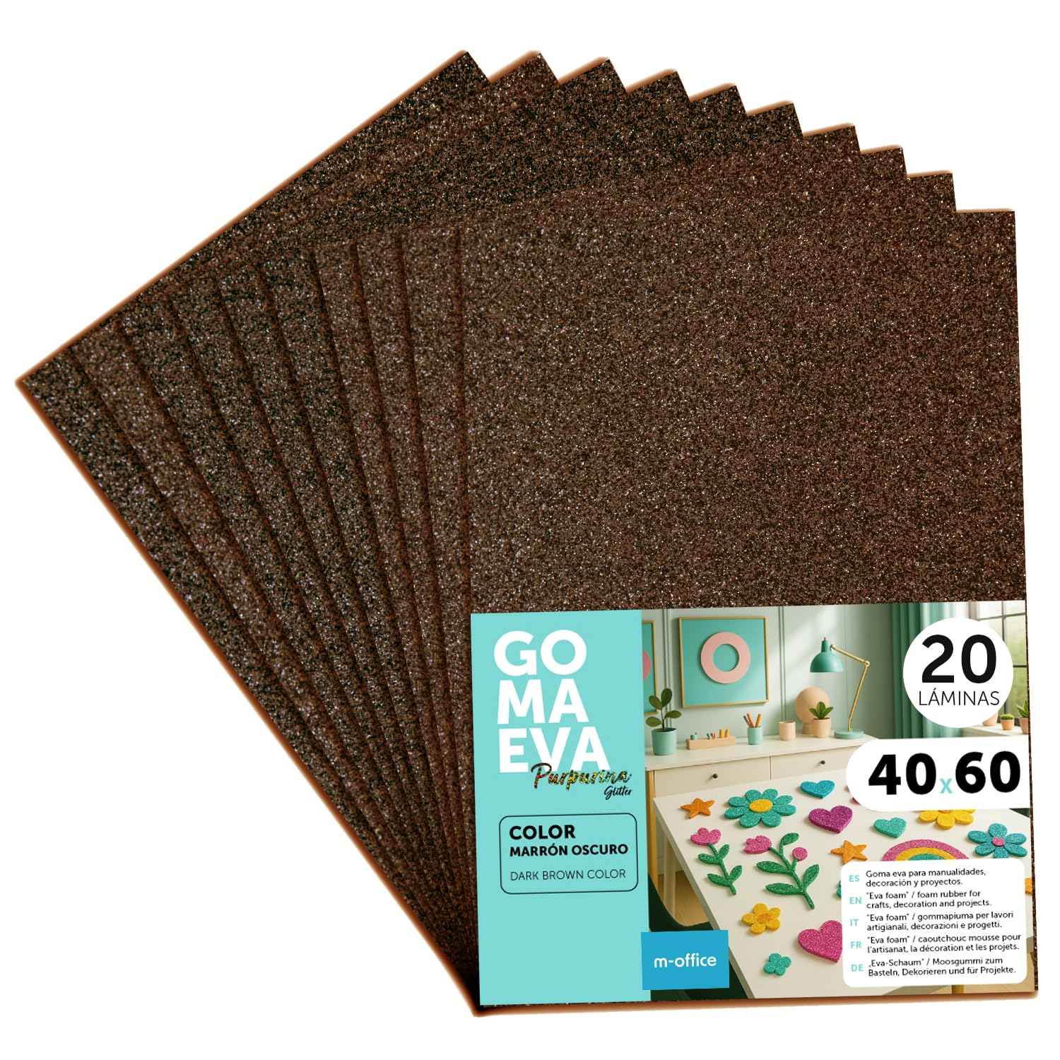 m-office Moosgummi Platten mit Glitzer 40x60cm, Bunte EVA Foam Bastelplatten für Kinder, DIY, Schule, Deko & Kunstprojekte – Ideal als Bastelpapier, Moosgummi mit Glitzer (Dunkelbraun, 20 uds)
