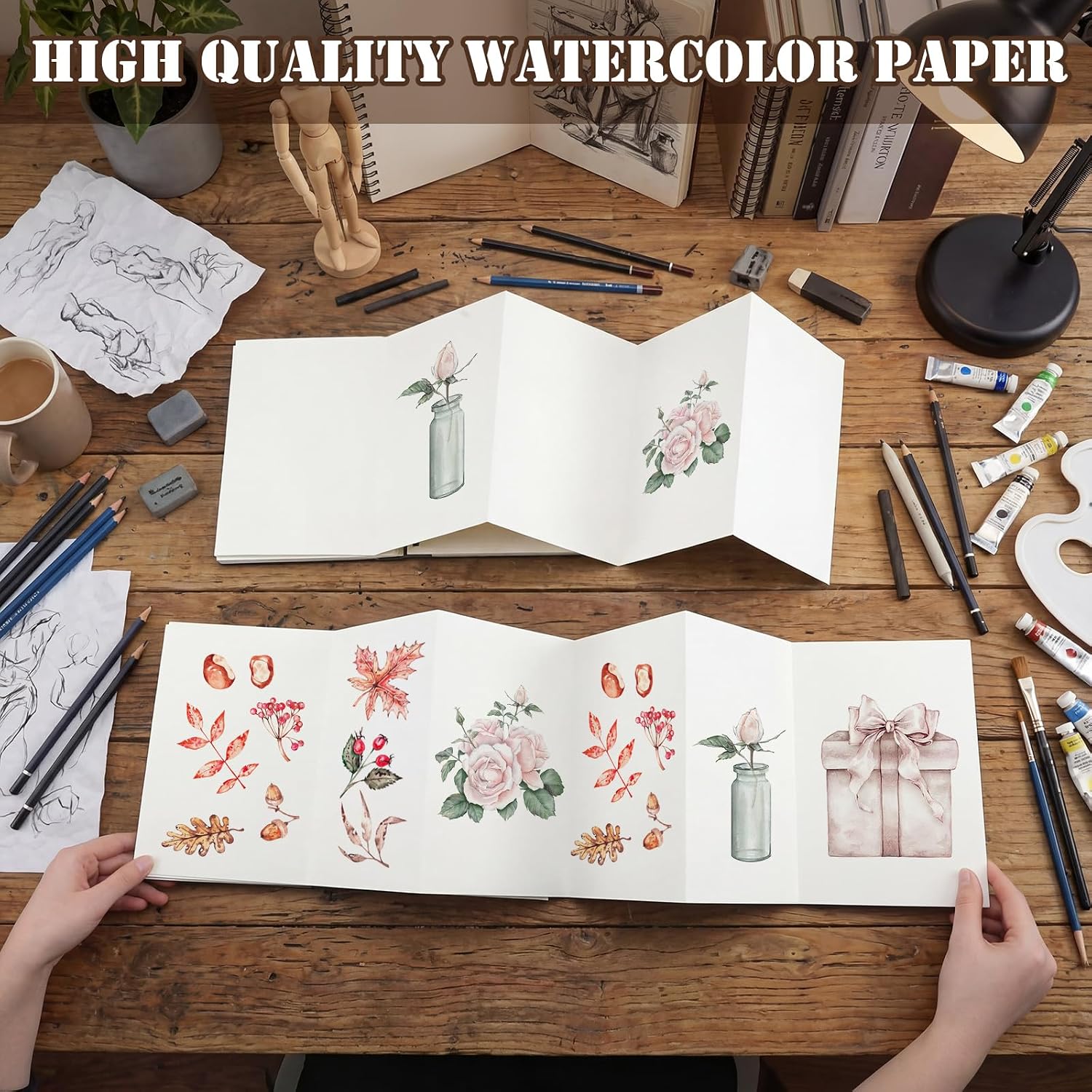 Tosstuki 2 Pcs A5 Watercolour Hardback Concertina Sketchbook Fold Travel Portable Accordion Watercolor Paper Seawhite Sketchbook for Outlining Novel School Projects 32 Pages 8.6 x 7.08 in