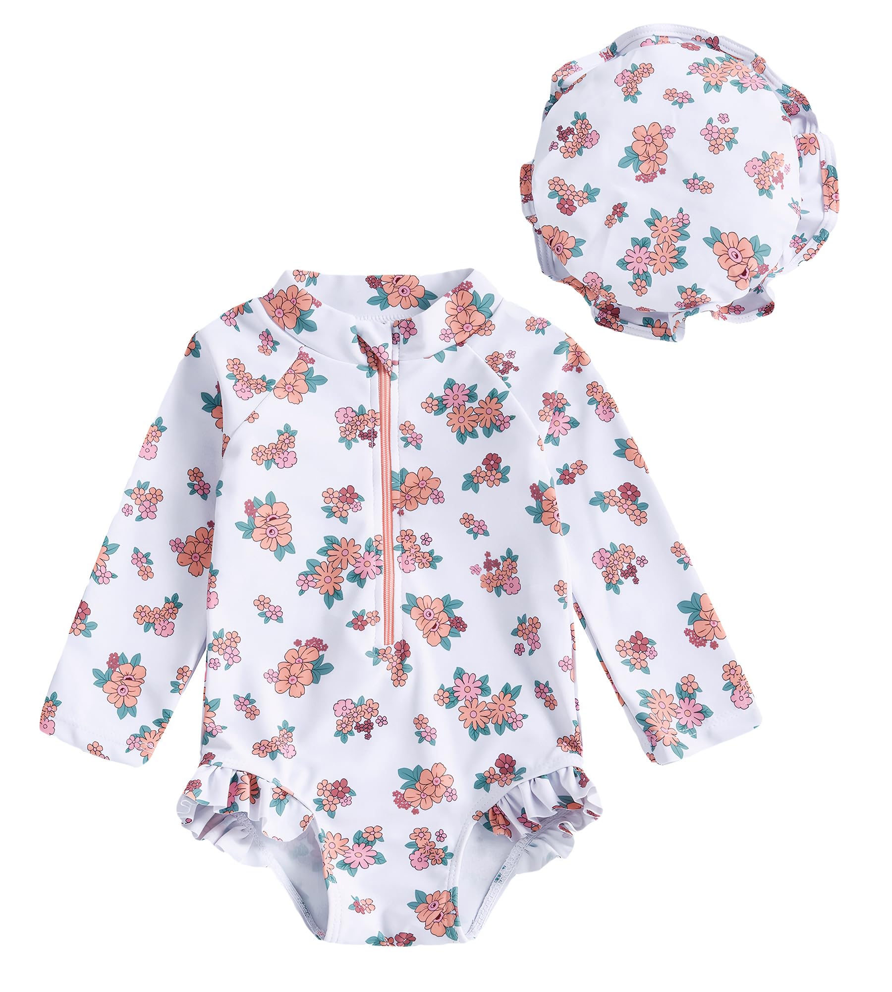 Happy Cherry Maillot de Bain Une Pièce Bébé Fille 0-3 Ans Rashguard Anti-UV à Manches Longues avec Chapeau à Volant Imprimé Floral