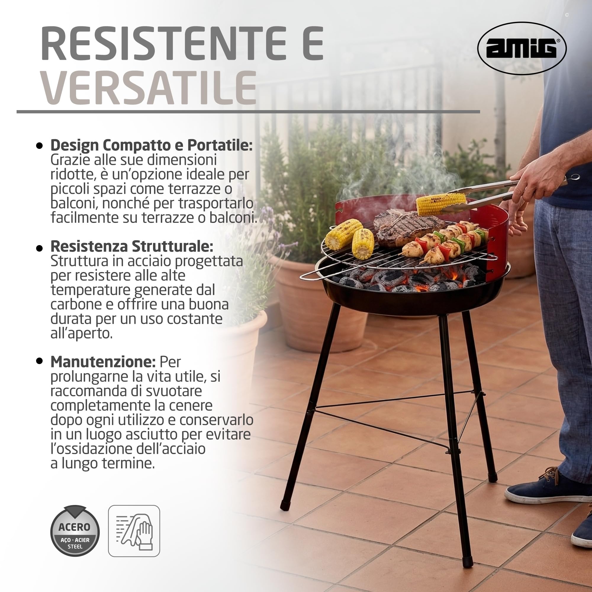 Amig - Barbecue a carbone - 57 x 54 x 84 cm - Nero - Realizzata in Acciaio - Giardino e patio - per terrazza e balcone con dimensioni adatte a spazi ridotti, uso pratico. Mod. FENIX