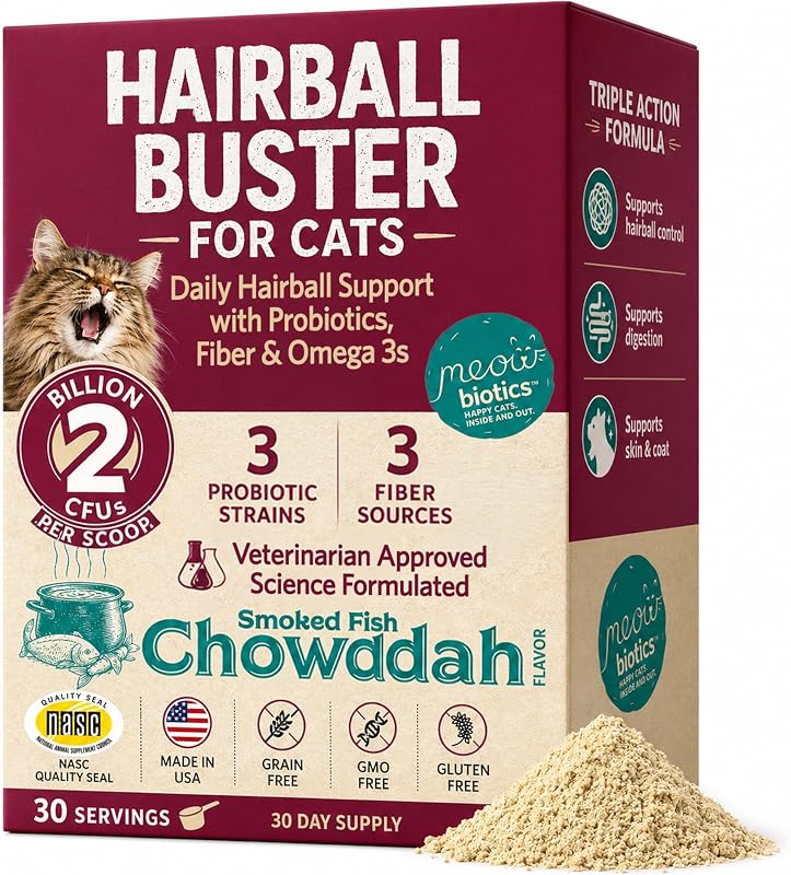 Probiótico em Pó para Gatos Fidobiotics Hairball Buster com Sabor de Peixe Defumado, 30 Porções