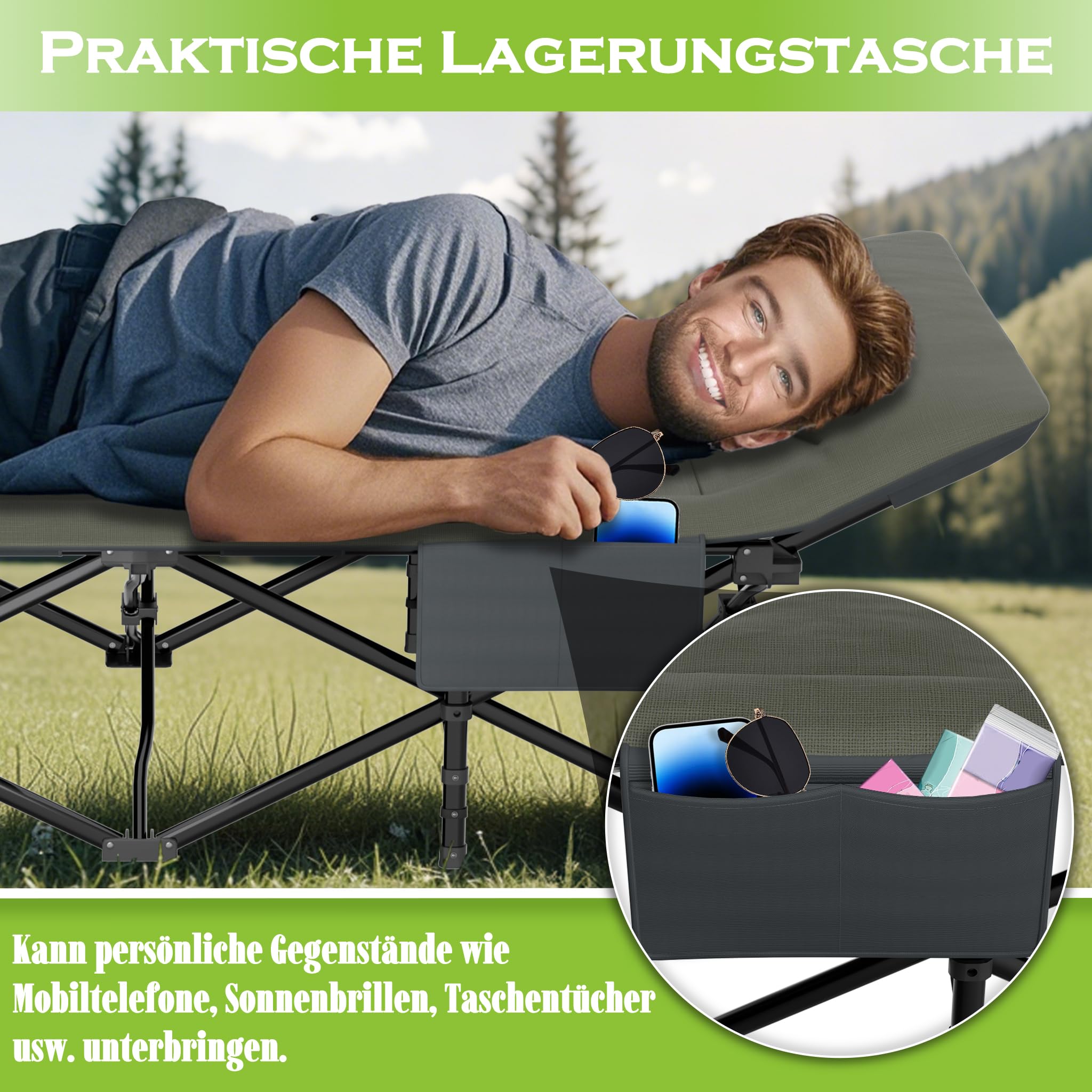 FIVMEN Feldbett Klappbar 185x75 cm Klappbett Campingbett mit Matratze, Kissen und Seitentasche Gästebett Karpfenliege Campingliege bis 250kg Belastbar für Outdoor Camping Garten
