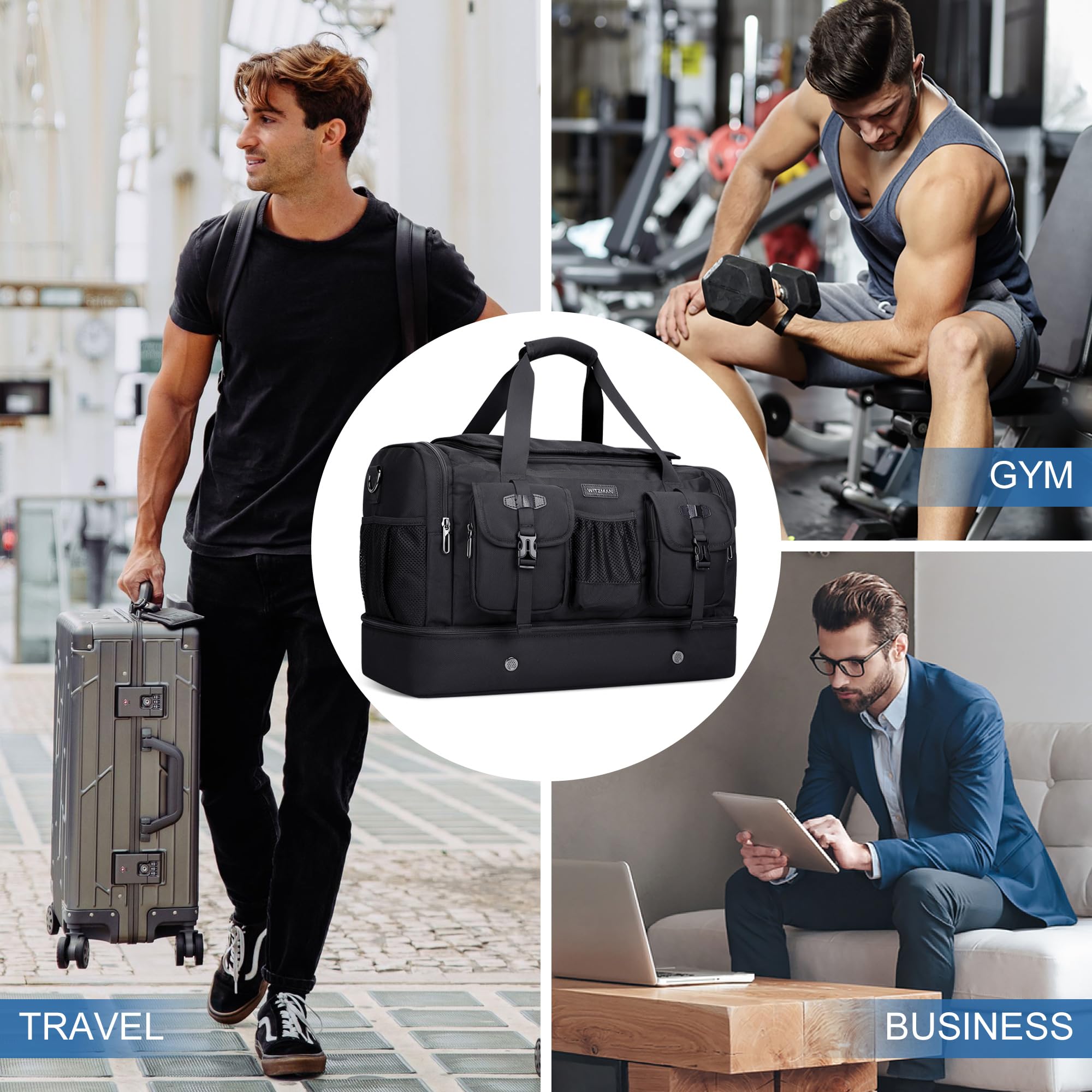 WITZMAN Reisetasche Herren 50L Weekender Gym Sporttasche mit Schuhfach | Nylon, Mehrere Taschen mit Nassfach, Konvertierbar, Große, Handgepäck Flugzeug, Für Reisen, Sport, Sauna, B723 Schwarz